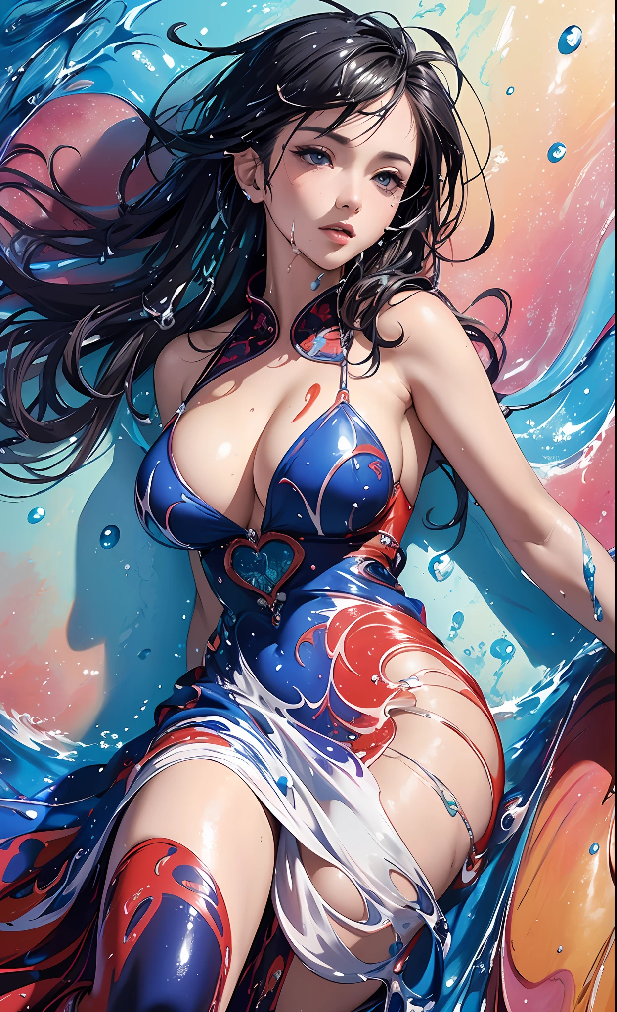 (masterpiece, top quality, best quality, official art, beautiful and aesthetic:1.2), (1 woman:1.3), ((upper body)),extremely detailed,(water splash art:1.4),(colorful:1.1),highest detailed, (seductive pose), (abstract background:1.5), (seductive dress:1.4),((cleavage)), (shiny skin), (many colors:1.3),