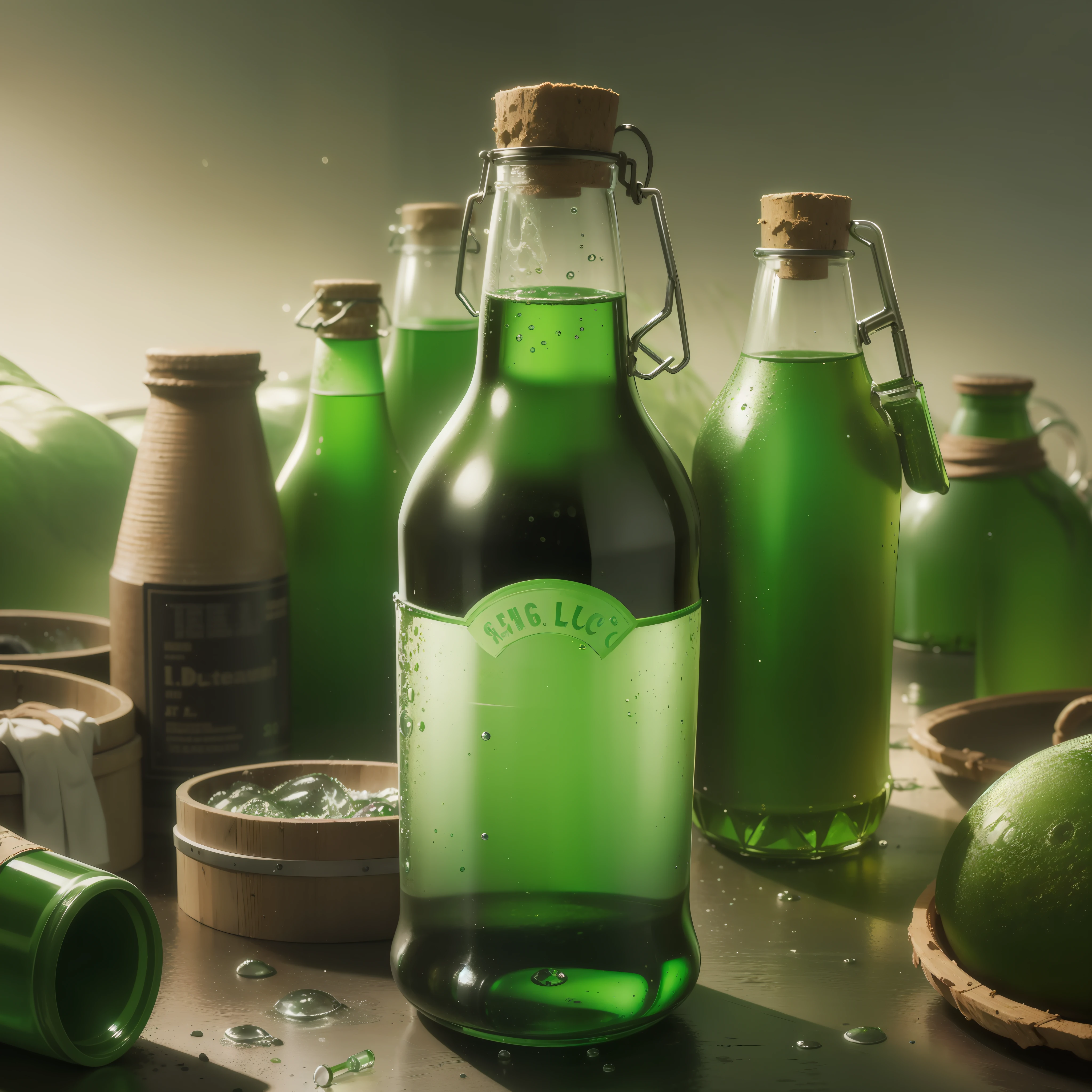 green beer bottle, label written Sergio D'Lucia, red gothic letters, cold bottle, sweaty, with water droplets on the outside, apocalyptic realistic background, ray lights --auto --s2