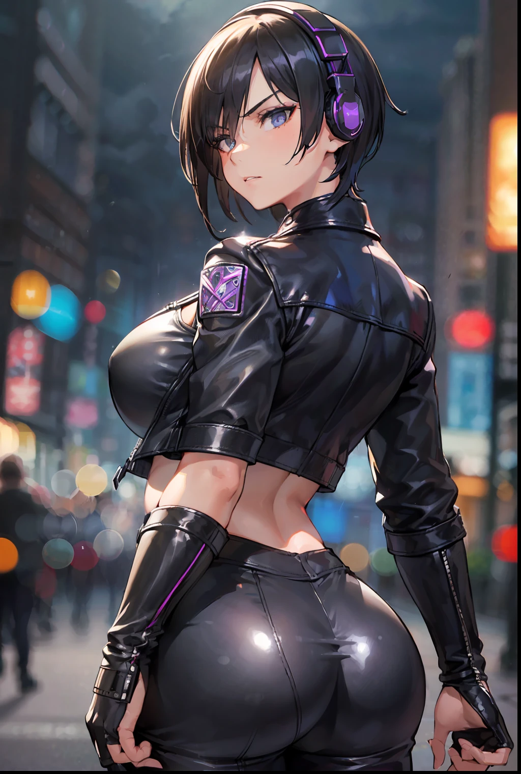 ((Best Quality:1.2, 8k,f/1.8,HDR, Sharp Focus:1.2, photo realistic:1.4, Masterpiece, depth:1.2, super fine :1.2, Ultimate 1Girl, Highly Detailed Facial Textures, detailed beauty makeup: 1.4, realistic skin, detailed eyes, detailed bangs)), (leather jacket), (leather pants), (headphones), (holding weapon), absurdity, (night city background), (dark clouds), (spotlight), (glossy ash asymmetrical short hair), ((glaring)) , (big breasts), (many mans looking at girls: 1.35), (mans surrounding girls: 1.35), looking back