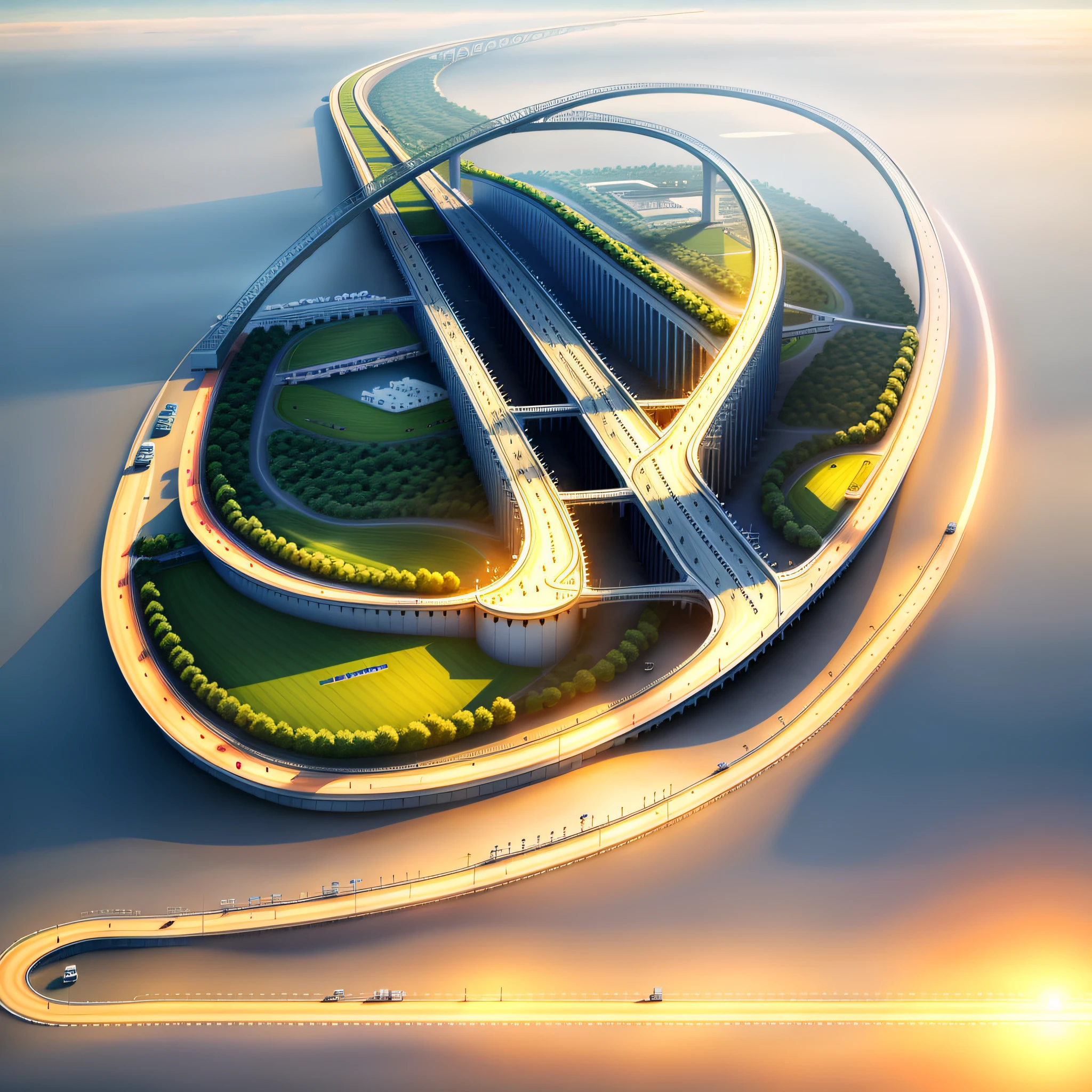 future high-tech bridge, future city, highway, overpass, large construction machinery, best quality, masterpiece, super high resolution, detailed background, realistic,