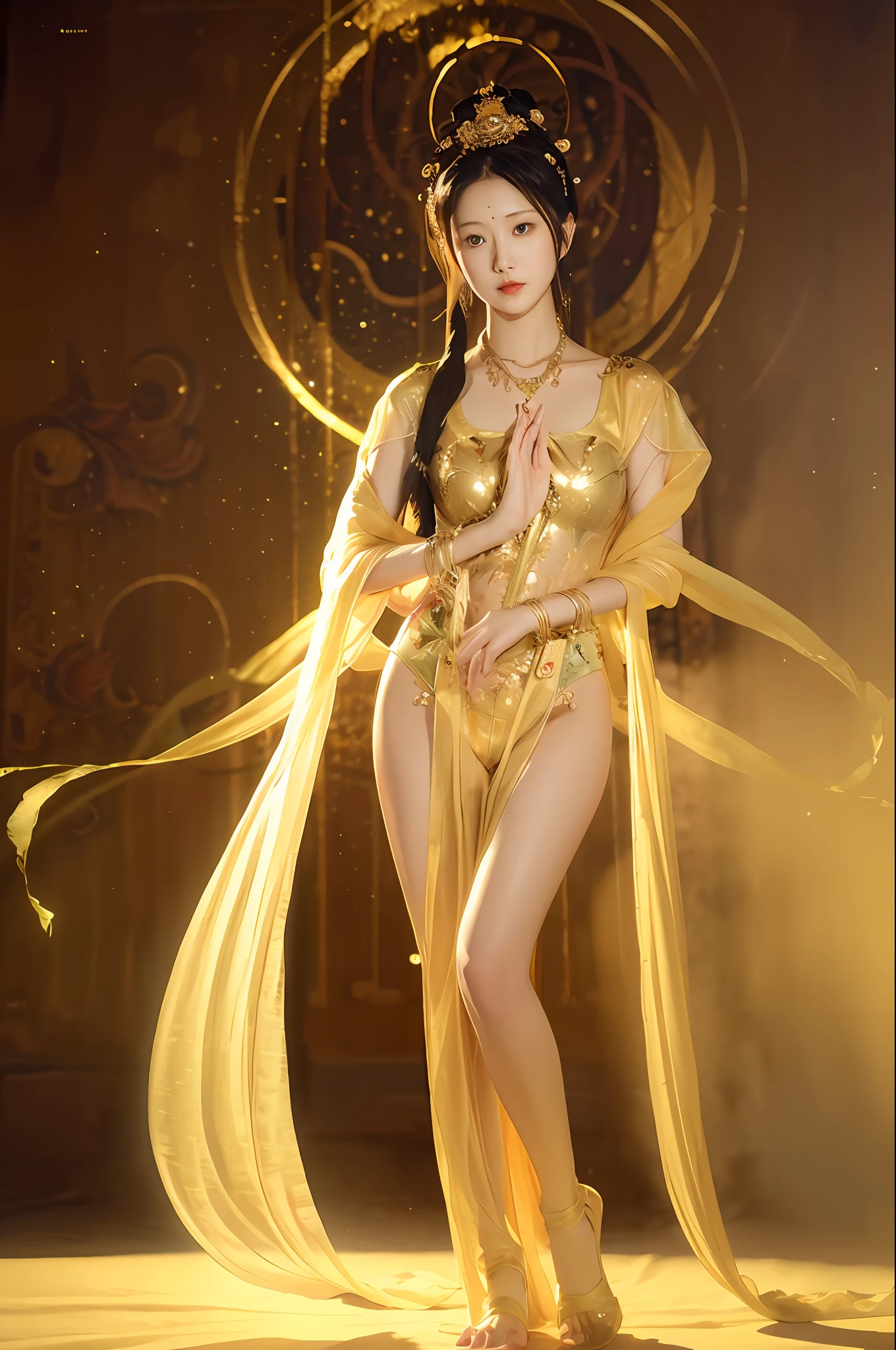nsfw, (RAW photo, highest quality), (realistic, photorealistic: 1.3), highest quality, highly detailed, masterpiece, super detailed, illustration, 1girl, (bodhisattva pose, hands together), slender, big, golden see-through leotard, golden jewelry, golden necklace, whole body from head to foot, exposed skin, exposed thighs, dynamic angle World Masterpiece Theater, messy_long_hair, top quality, highly detailed CG Unity 8k wallpaper, ink, amazing, movie lighting, lens_flare, (full body from the front), see-through heavenly feather robe costume, full body,