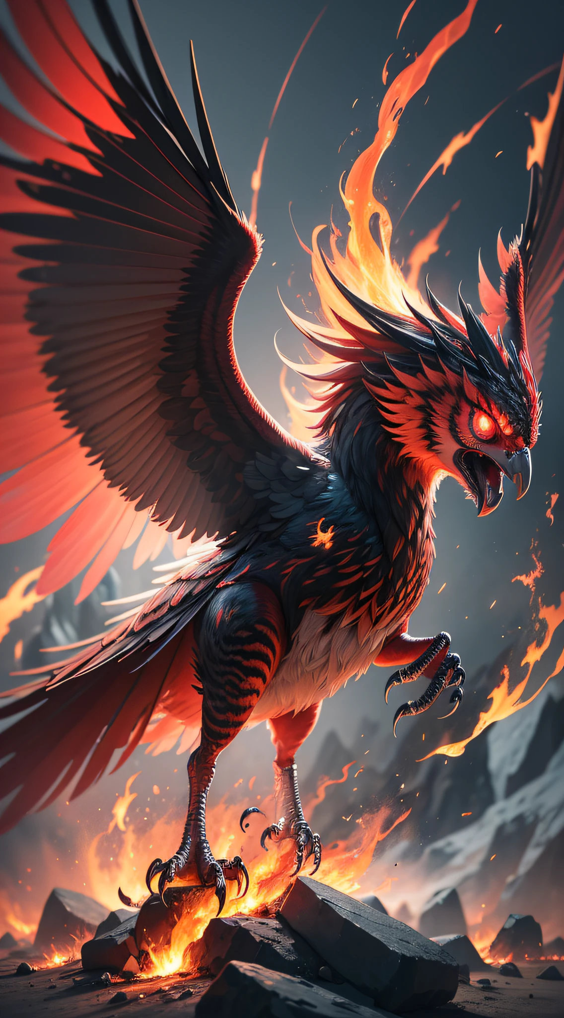 A bird incarnated by flames, with sharp eyes shining fiercely, wrapped in a roaring red flame, wings spread and flying in the sky, ((flames glow dazzlingly: 1.5)), cool colors, flames form beautiful patterns around it. Close-up lens, shooting time in the evening, using fire effect technology, CryEngine engine, 4K Ultra HD. –v 5.1 --ar 2:3 --auto --s2