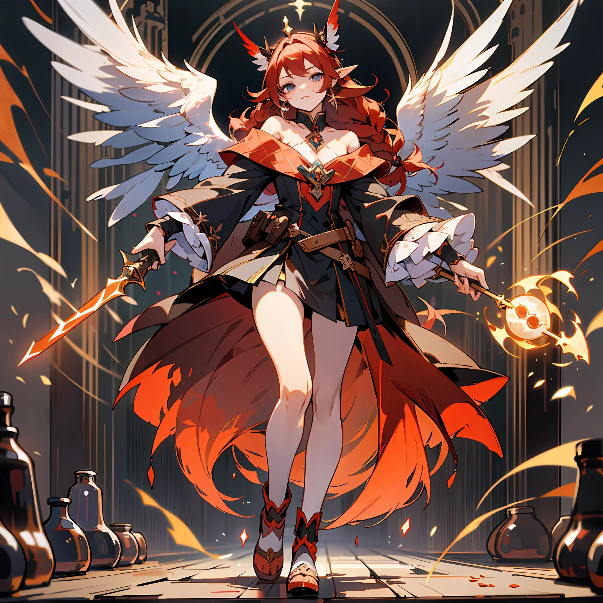 Elf, a magical girl, long red hair, flames at the end of her hair, small wings, perfect eyes, perfect face, twisted braids on one side of the ears, feather earrings, full body, magician, tactical pack, scroll, off-the-shoulder, clothes are red and black, magic weapons, fantasy creatures, dynamic poses, unique character designs, exquisite costumes, medicine bottles, cards, standing paintings, floor platforms, HD, masterpieces, super details, (best quality, high resolution), super high pixels, ultra HD, 32K, cgstation pop ---- niji 5