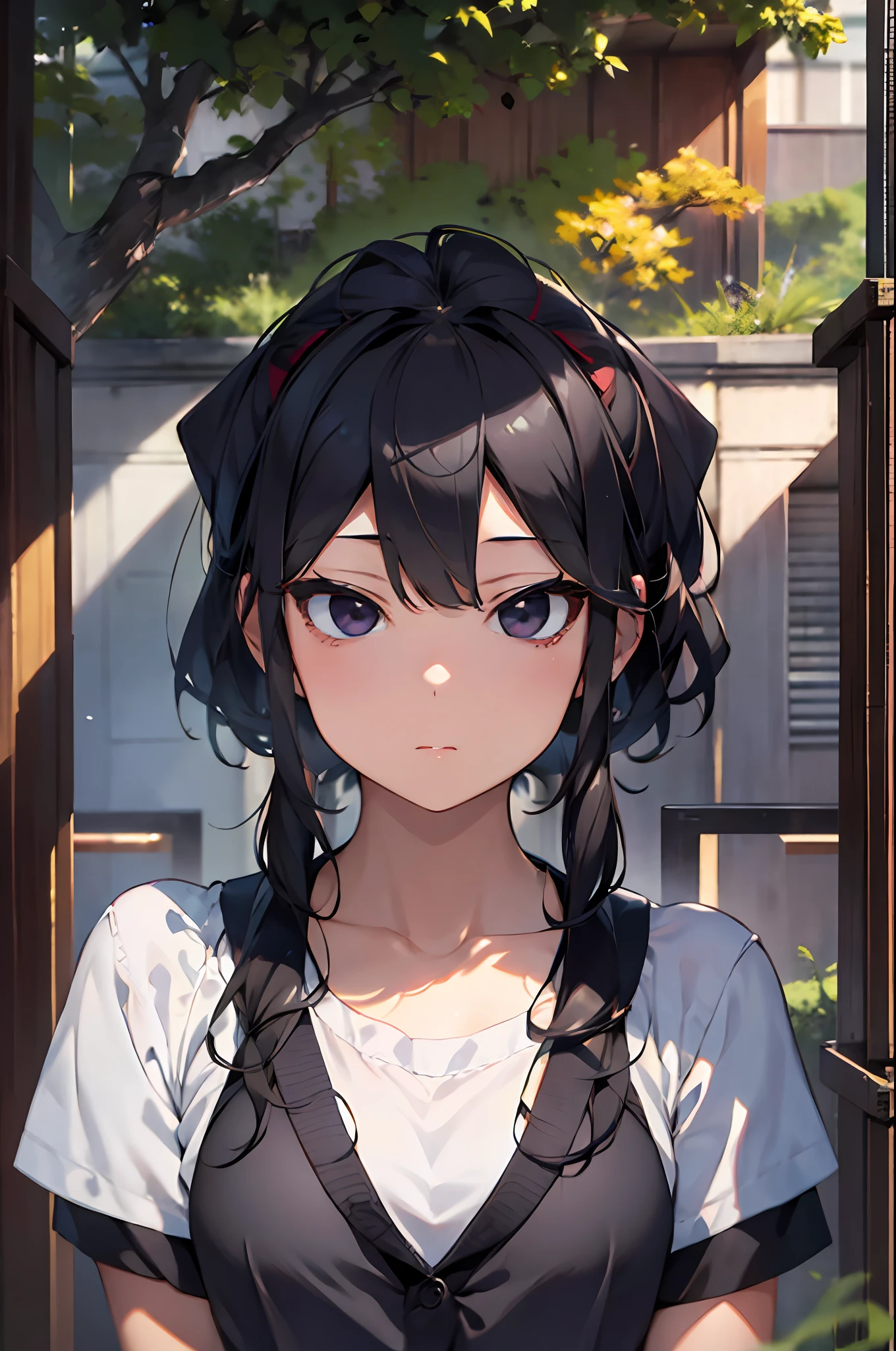 komiShouko, looking at viewer, standing, 1girl, solo, bright pupils, hair over one eye, black eyes, japanese style, noon, Sunlight, Tyndall Light, Wide-Angle, atmospheric perspective, perspective, best quality, 4K, anatomically correct, masterpiece