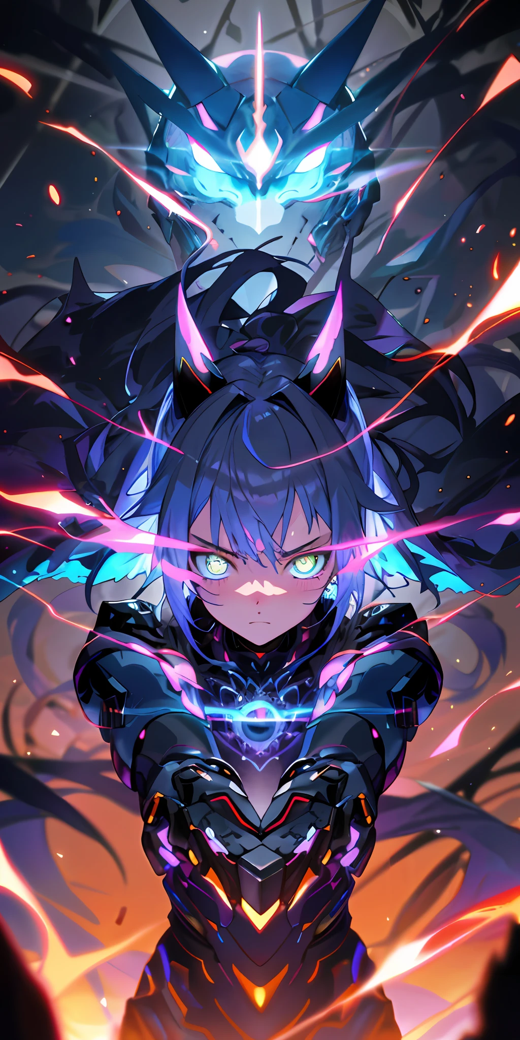 Anime Robot beutiful blue magma skin golem cat girl magic, aesthetic_eyes, detailed eyes, demon horn, mask, wings, glowing, random fantasy hair, multicolored hair, body detailed, random very angry face, detailed face, Saenyo Ancalagon Anthropomorphic majestic Guardian | Portrait | finely detailed Obsidian and Lava armor | cinematic lighting | intricate filigree metal design | 8k | unreal engine | octane render | aesthetic_eyes, detailed eyes, body detailed, ahegao, detailed face, highly detailed, fantasy background, blush, cat_ears_earrings hair_ornament highres jewelry triple_earring, detailed all, solo, fightning stance, magic circle, electrification, lightning effect, ray tracing, detailed all, show your ability A.I, 4K Ultra HD.