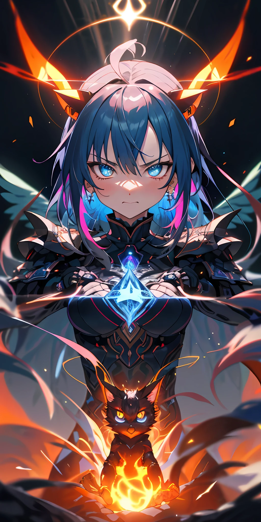 Anime Robot beutiful blue magma skin golem cat girl magic, aesthetic_eyes, detailed eyes, demon horn, mask, wings, glowing, random fantasy hair, multicolored hair, body detailed, random very angry face, detailed face, Saenyo Ancalagon Anthropomorphic majestic Guardian | Portrait | finely detailed Obsidian and Lava armor | cinematic lighting | intricate filigree metal design | 8k | unreal engine | octane render | aesthetic_eyes, detailed eyes, body detailed, ahegao, detailed face, highly detailed, fantasy background, blush, cat_ears_earrings hair_ornament highres jewelry triple_earring, detailed all, solo, fightning stance, magic circle, electrification, lightning effect, ray tracing, detailed all, show your ability A.I, 4K Ultra HD.