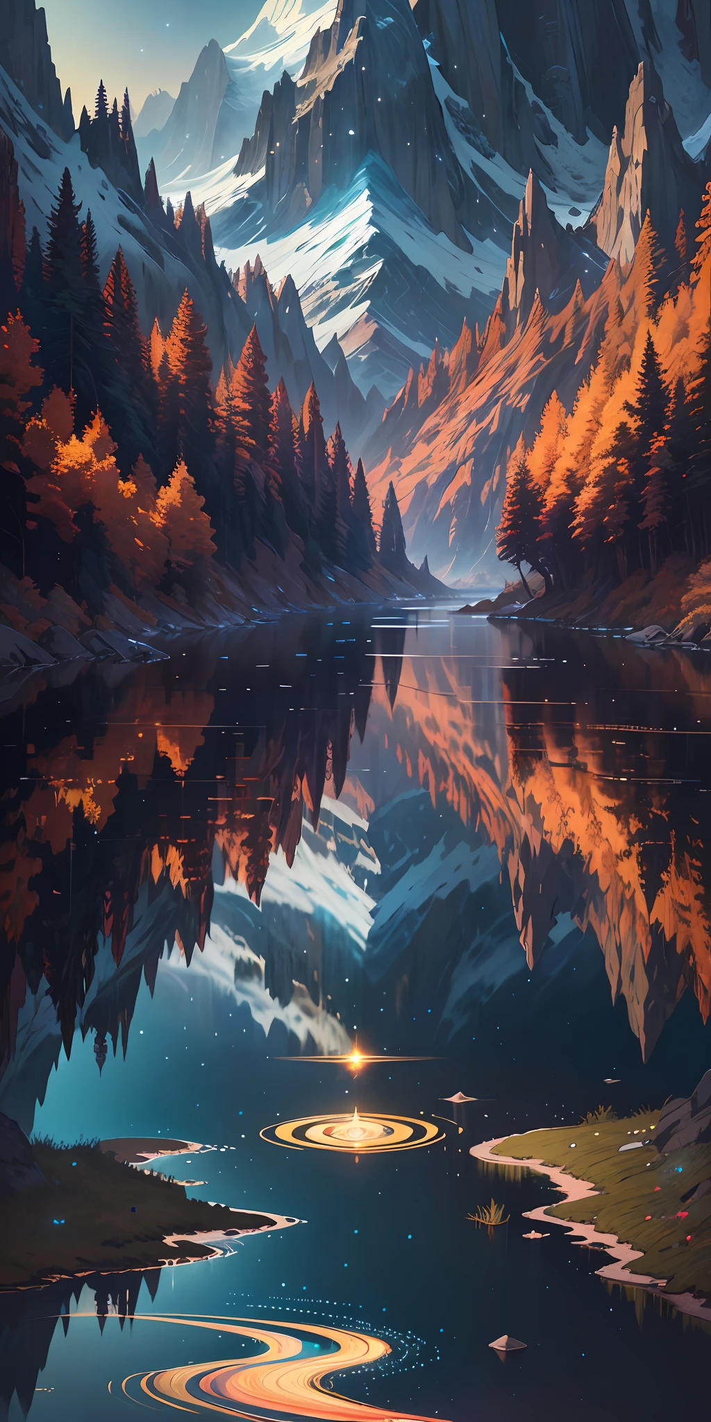 masterpiece, best quality, Night landscapes with mountains and rivers, fantasy, ethereal, painted by ryo takemasa, art nouveau, surrealism, anime, digital art, vibrant colors, dramatic lighting, detailed mountains, winding rivers, vibrant stars twinkling in the night sky, trending on artstation.