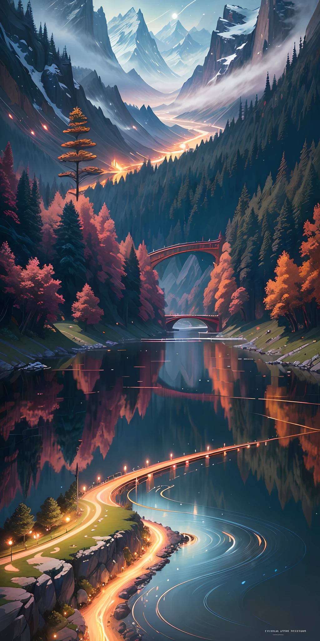 masterpiece, best quality, Night landscapes with mountains and rivers, fantasy, ethereal, painted by ryo takemasa, art nouveau, surrealism, anime, digital art, vibrant colors, dramatic lighting, detailed mountains, winding rivers, vibrant stars twinkling in the night sky, trending on artstation.