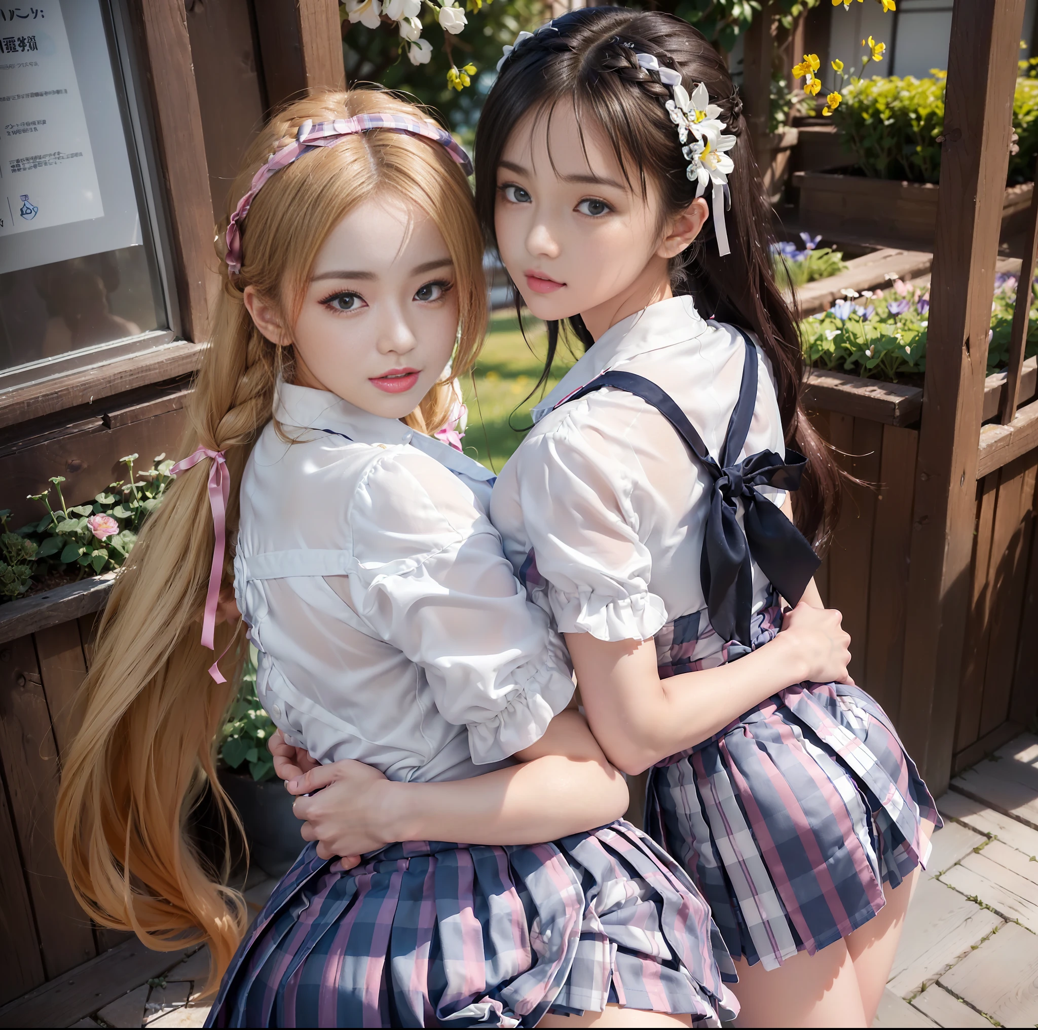 ulzzang-6500-v1.1, (top quality, masterpiece), (raw photo: 1.2), (photorealistic: 1.4), highest quality, master, very tasty and beautiful, highly detailed CG, 8k wallpaper, amazing fine details, master masterpiece, official art, huge file size, high resolution, 2-3 girls, ( snugly next to each other without separation between characters), (no break in one piece), teens to twenties, Japan, Nogizaka girl, (representation of the human body based on precise anatomy), intricate details, Japan schoolgirl uniform, (neat white blouse of smooth sheer fabric with ribbon ties), ( Ultra Mini Navy Blue tartan check pleated skirt), (everyone is wearing the same clothes), (tightly dressed), clothes are smooth and contractile, (less exposed upper body), (white panties), (fasten all buttons of blouse)), blonde, (((very large breasts)), (women with very large breasts), (very spread breasts), (cramped clothes), (no bra), (((only the area shows through the skin tone)), (pink areola), small prickles, (big buttocks), (thin thighs), very beautiful eyes, bright ultramarine eyes, (detailed pupils reflecting light), (the iris of the eye is painted in detail with a fine radial pattern), (the expression of the whites of the eyes is slightly dark), (the upper 30% of the eyes are shadowed), double eye covers,( Eyes and mouth half open and sleepy expression),No makeup, snug, no makeup, (nose low and wide), Natural eyebrows, realistic shading assuming a light source, cute girl and beauty, (whitening skin), baby face, smile, long hair half braid, ((backward pose)), ((looking back from the back),((showing off the buttocks)),(looking straight back and not looking at me)),cuddling, cheeks together, Cross your arms like a lover,Look at your partner, Pick at the of your clothes, Frame in from thighs up, Beautiful garden with flowers, clear sunshine,