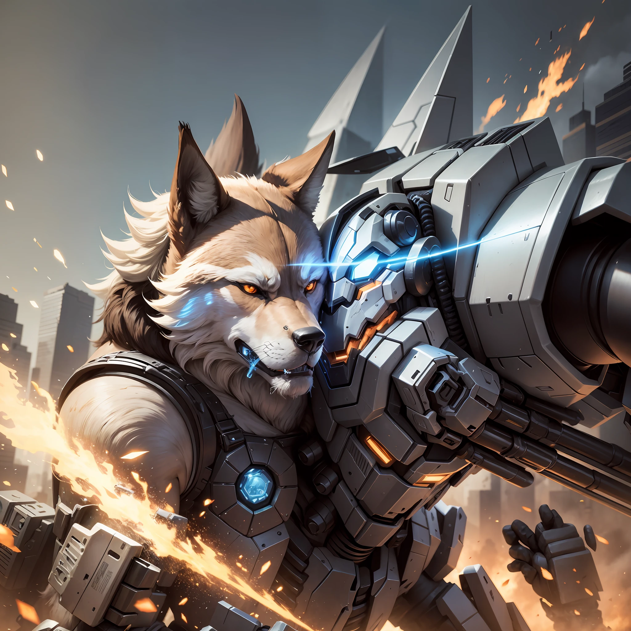 A humanoid mech and a wolf-type mech fought head-on, colliding together, and resisting each other without backing away