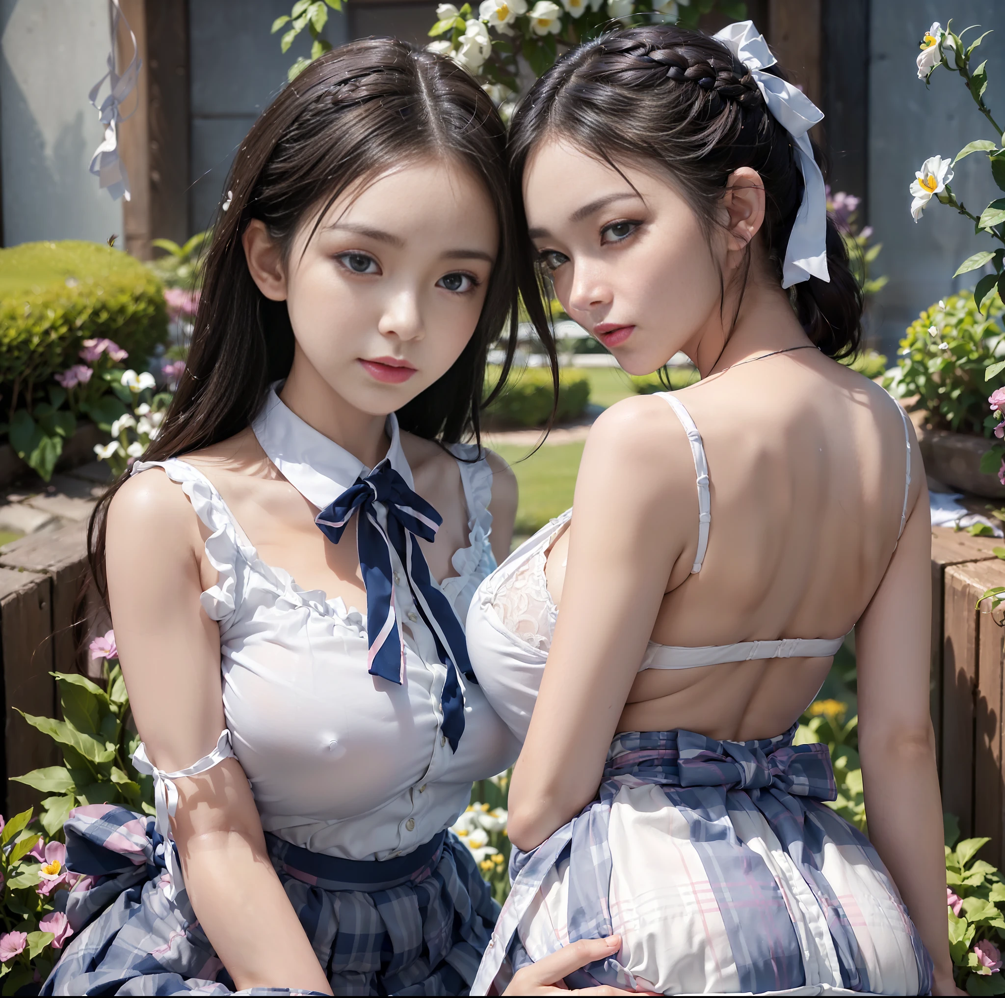 ulzzang-6500-v1.1, (top quality, masterpiece), (raw photo: 1.2), (photorealistic: 1.4), highest quality, master, very tasty and beautiful, highly detailed CG, 8k wallpaper, amazing fine details, master masterpiece, official art, huge file size, high resolution, 2-3 girls, ( snugly next to each other without separation between characters), (no break in one piece), s to twenties, Japan, Nogizaka girl, (representation of the human body based on precise anatomy), intricate details, Japan schoolgirl uniform, (neat white blouse of smooth sheer fabric with ribbon ties), ( Ultra Mini Navy Blue tartan check pleated skirt), (everyone is wearing the same clothes), (tightly dressed), clothes are smooth and contractile, (less exposed upper body), (white panties), (fasten all buttons of blouse)), blonde, (((very large breasts)), (women with very large breasts), (very spread breasts), (cramped clothes), (no bra), (((only the area shows through the skin tone)), (pink areola), small prickles, (big buttocks), (thin thighs), very beautiful eyes, bright ultramarine eyes, (detailed pupils reflecting light), (the iris of the eye is painted in detail with a fine radial pattern), (the expression of the whites of the eyes is slightly dark), (the upper 30% of the eyes are shadowed), double eye covers,( Eyes and mouth half open and sleepless expression),No makeup, Nose low and wide, Natural eyebrows, realistic shading assuming a light source, Cute girl and beauty, (whitening skin), Baby face, Smile, Long hair half braid, ((Backward pose)), ((Looking back from the back),((Show off the buttocks)),((Facing straight back and not looking at us)),Snuggle, Cheeks together, Cross your arms like a lover,Look at your partner, Pick at the of your clothes, Frame in from thighs up, Beautiful garden with flowers, clear sunshine,