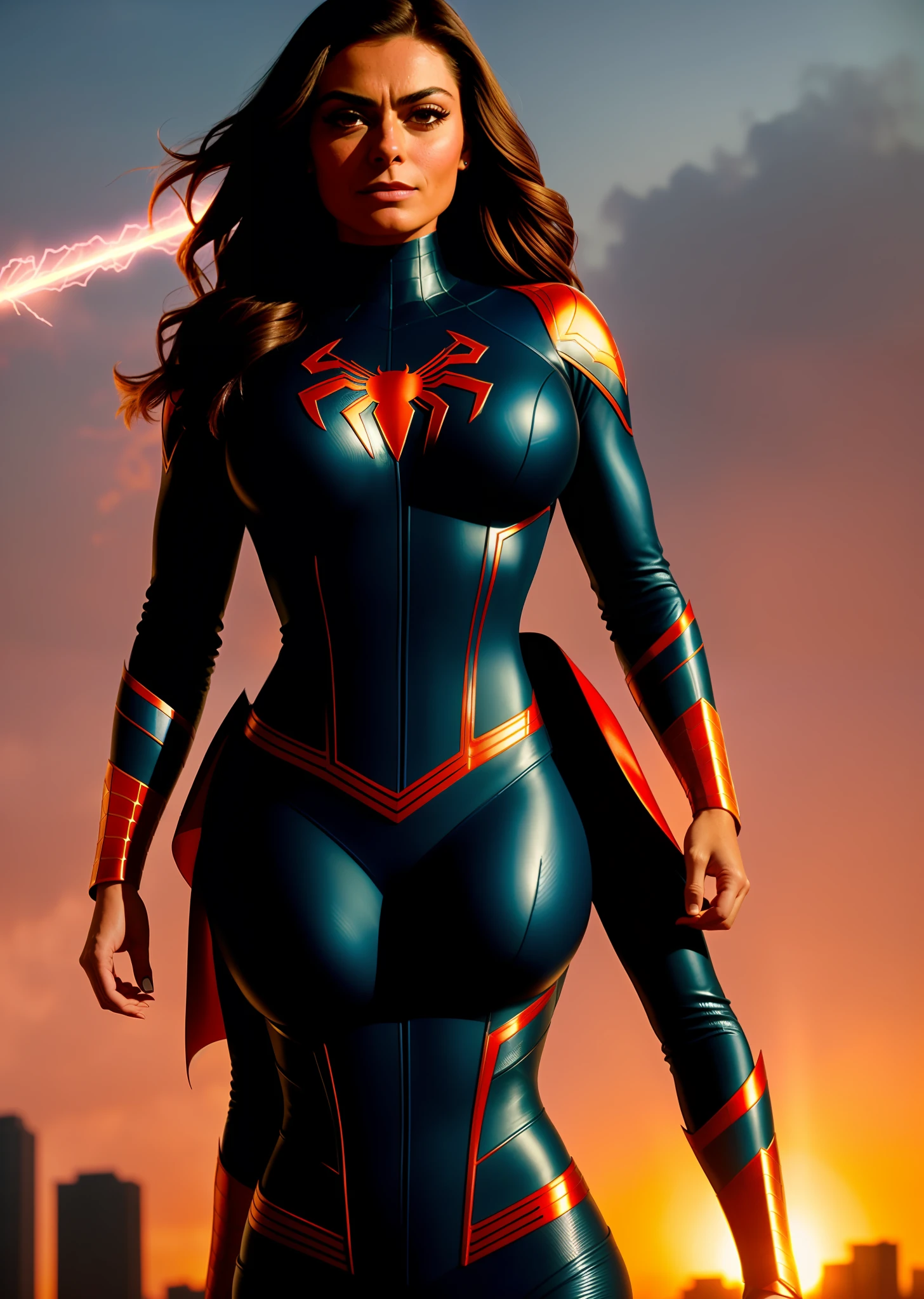 Juliana Paes in detailed Spider-Man ghost costume, large breasts, superhero pose, standing in the ruined city at sunset, hyperdetailed, smoke, sparks, sunbeams, (8k), realistic, symmetrical, award-winning, cinematic lightning, soaked, film, 75mm, scratches, full body photo, close-up, torn and dirty clothes, detailed face,