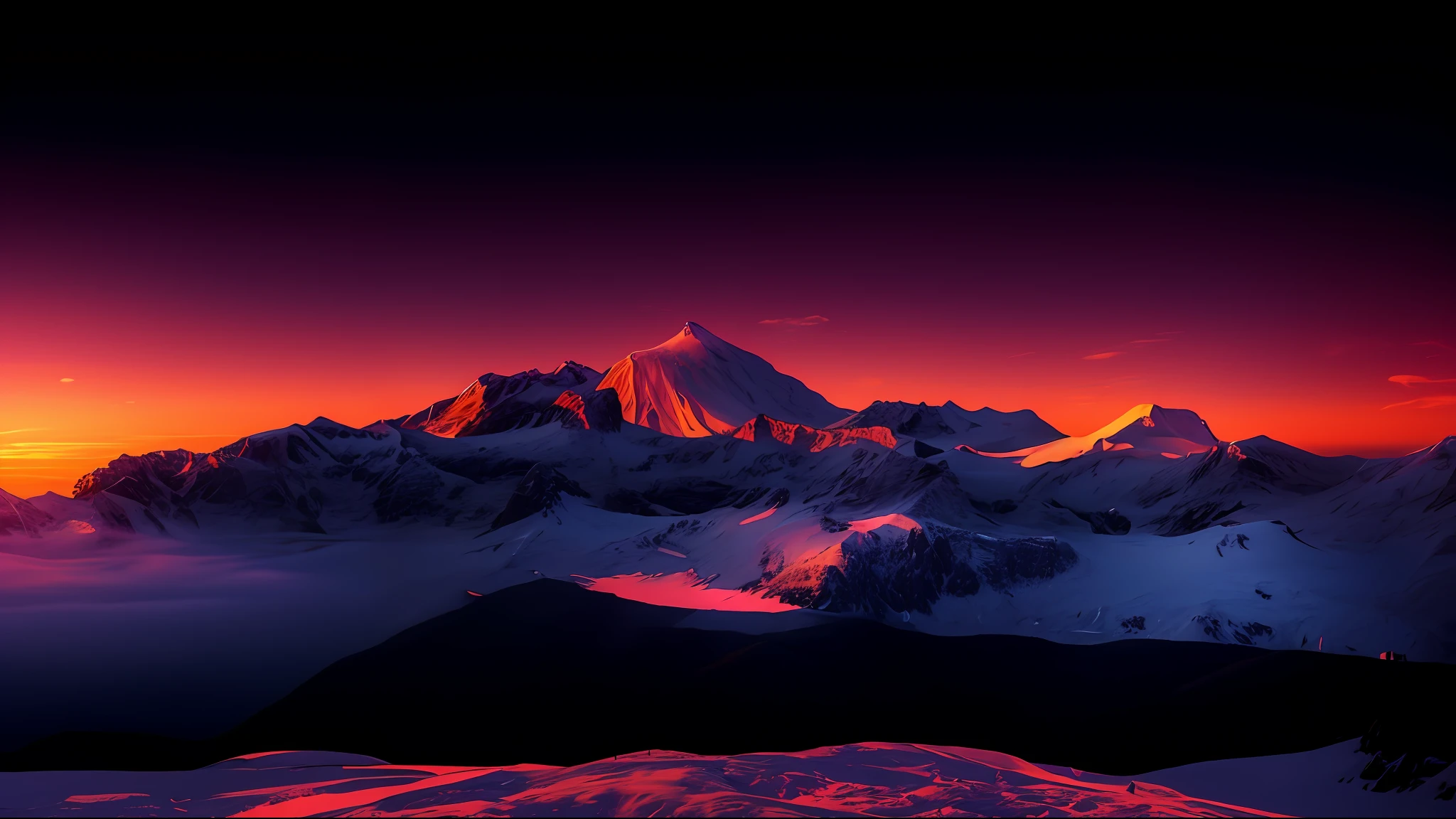 Last rays of light on the top of the mountain, sunset panorama, cold sunset, warm glow, extreme panorama, scenery 4k, atmospheric cool color grade, snowy mountains, inspired by Arkhip Kuindzhi