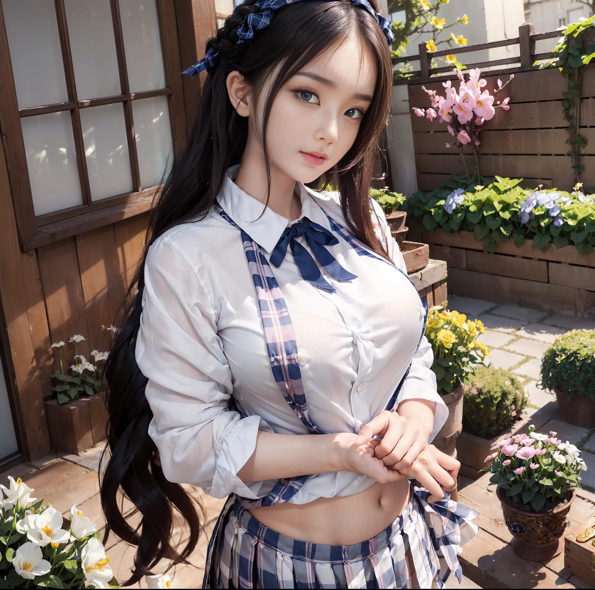 ulzzang-6500-v1.1, (top quality, masterpiece), (raw photo: 1.2), (photorealistic: 1.4), highest quality, master, very tasty and beautiful, highly detailed CG, 8k wallpaper, amazing fine details, master masterpiece, official art, huge file size, high resolution, 2-3 girls, ( snugly next to each other without separation between characters), (no break in one piece), teens to twenties, Japan, Nogizaka girl, (representation of the human body based on precise anatomy), intricate details, Japan schoolgirl uniform, (neat white blouse of smooth sheer fabric with ribbon ties), ( Ultra Mini Navy Blue tartan check pleated skirt), (everyone is wearing the same clothes), (tightly dressed), clothes are smooth and contractile, (less exposed upper body), (white panties), (fasten all buttons of blouse)), blonde, (((very large breasts)), (women with very large breasts), (very spread breasts), (cramped clothes), (no bra), (((only the area shows through the skin tone)), (pink areola), small prickles, (big buttocks), (thin thighs), very beautiful eyes, bright ultramarine eyes, (detailed pupils reflecting light), (the iris of the eye is painted in detail with a fine radial pattern), (the expression of the whites of the eyes is slightly dark), (the upper 30% of the eyes are shadowed), double eye covers,( Eyes and mouth half open and sleepless expression),No makeup, Nose low and wide, Natural eyebrows, realistic shading assuming a light source, Cute girl and beauty, (whitening skin), Baby face, Smile, Long hair half braid, ((Backward pose)), ((Looking back from the back),((Show off the buttocks)),((Facing straight back and not looking at us)),Snuggle, Cheeks together, Cross your arms like a lover,Look at your partner, Pick at the of your clothes, Frame in from thighs up, Beautiful garden with flowers, clear sunshine,