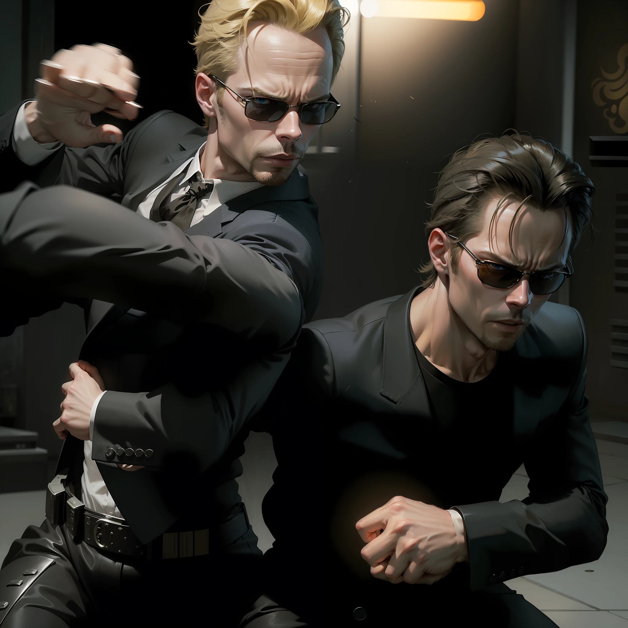 evil looking blond GUY PEARCE face, blond GUY PEARCE in a suit with square sunglasses close up, blond GUY PEARCE in a suit angry, blond GUY PEARCE in a suit with squared sunglasses, square sunglasses