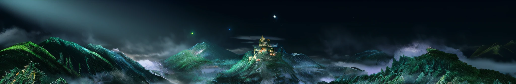 there is a picture of a mountain with a castle on it, cyberpunk chinese ancient castle, mysterious temple setting, mountain fortress city, luminescent matte painting, 3 d render and matte painting, matte painting in fantasy style, illustration matte painting, howl\'s moving castle at night, intricate matte painting, digital matte painting, 3d rendered matte painting