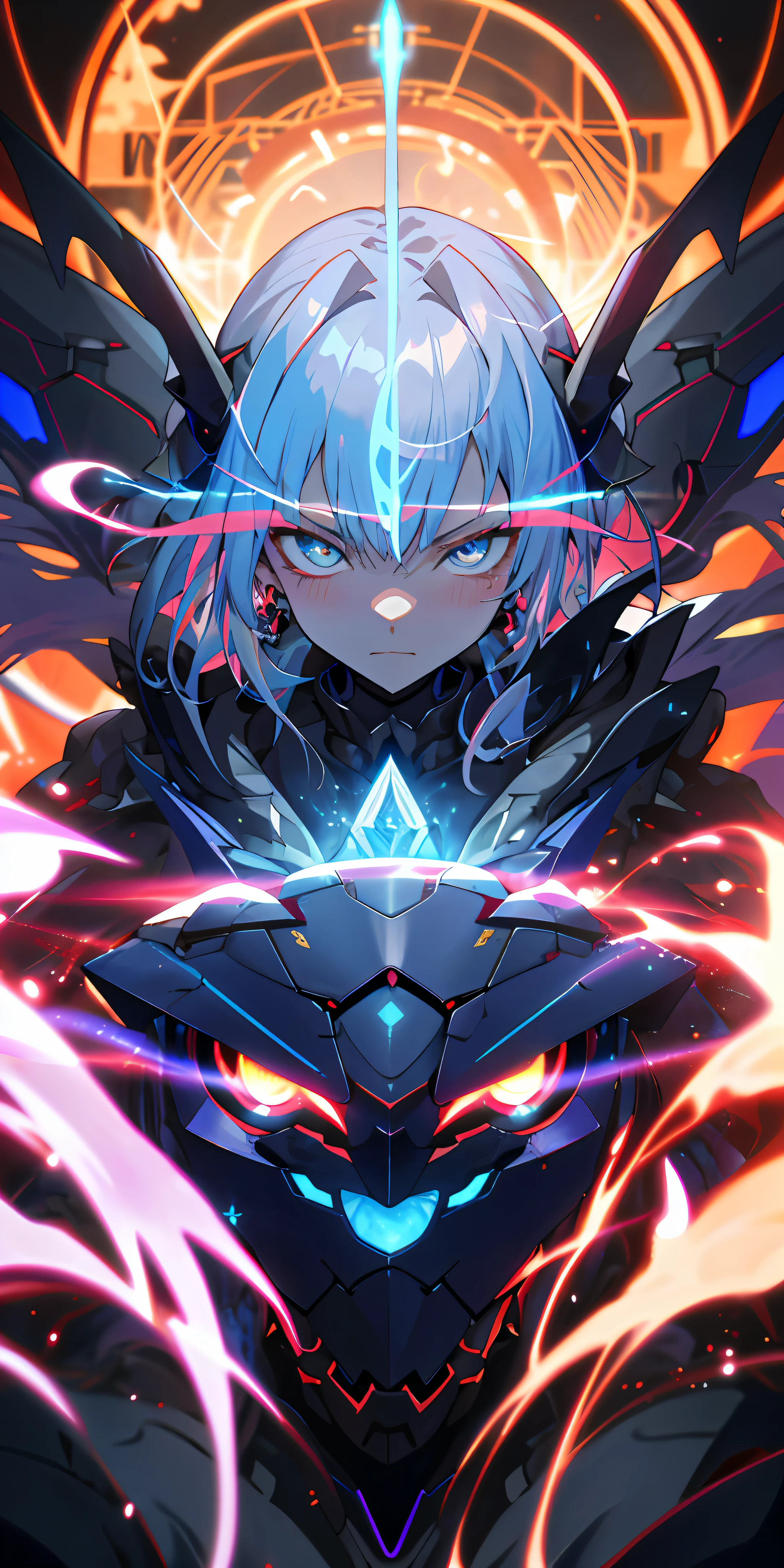 Anime Robot beutiful blue magma skin golem cat girl magic, aesthetic_eyes, detailed eyes, demon horn, mask, wings, glowing, random fantasy hair, multicolored hair, body detailed, random very angry face, detailed face, Saenyo Ancalagon Anthropomorphic majestic Guardian | Portrait | finely detailed Obsidian and Lava armor | cinematic lighting | intricate filigree metal design | 8k | unreal engine | octane render | aesthetic_eyes, detailed eyes, body detailed, ahegao, detailed face, highly detailed, fantasy background, blush, cat_ears_earrings hair_ornament highres jewelry triple_earring, detailed all, solo, fightning stance, magic circle, electrification, lightning effect, ray tracing, detailed all, show your ability A.I, 4K Ultra HD.