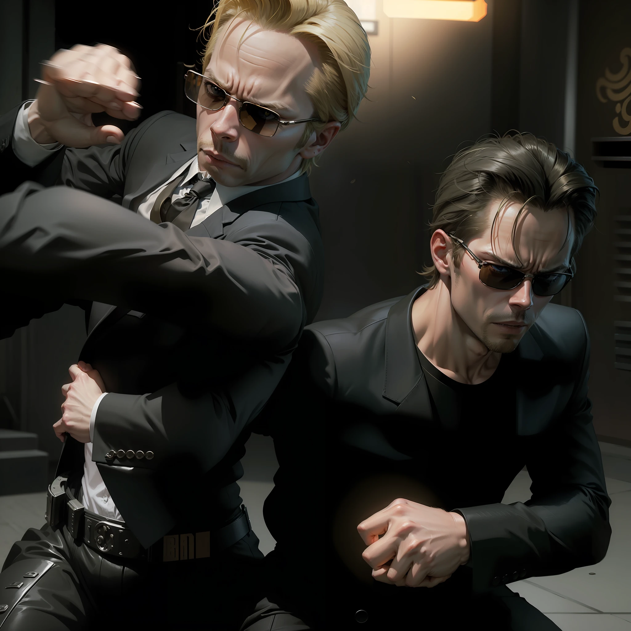 evil looking blond GUY PEARCE face, blond GUY PEARCE in a suit with square sunglasses close up, blond GUY PEARCE in a suit angry, blond GUY PEARCE in a suit with squared sunglasses, square sunglasses