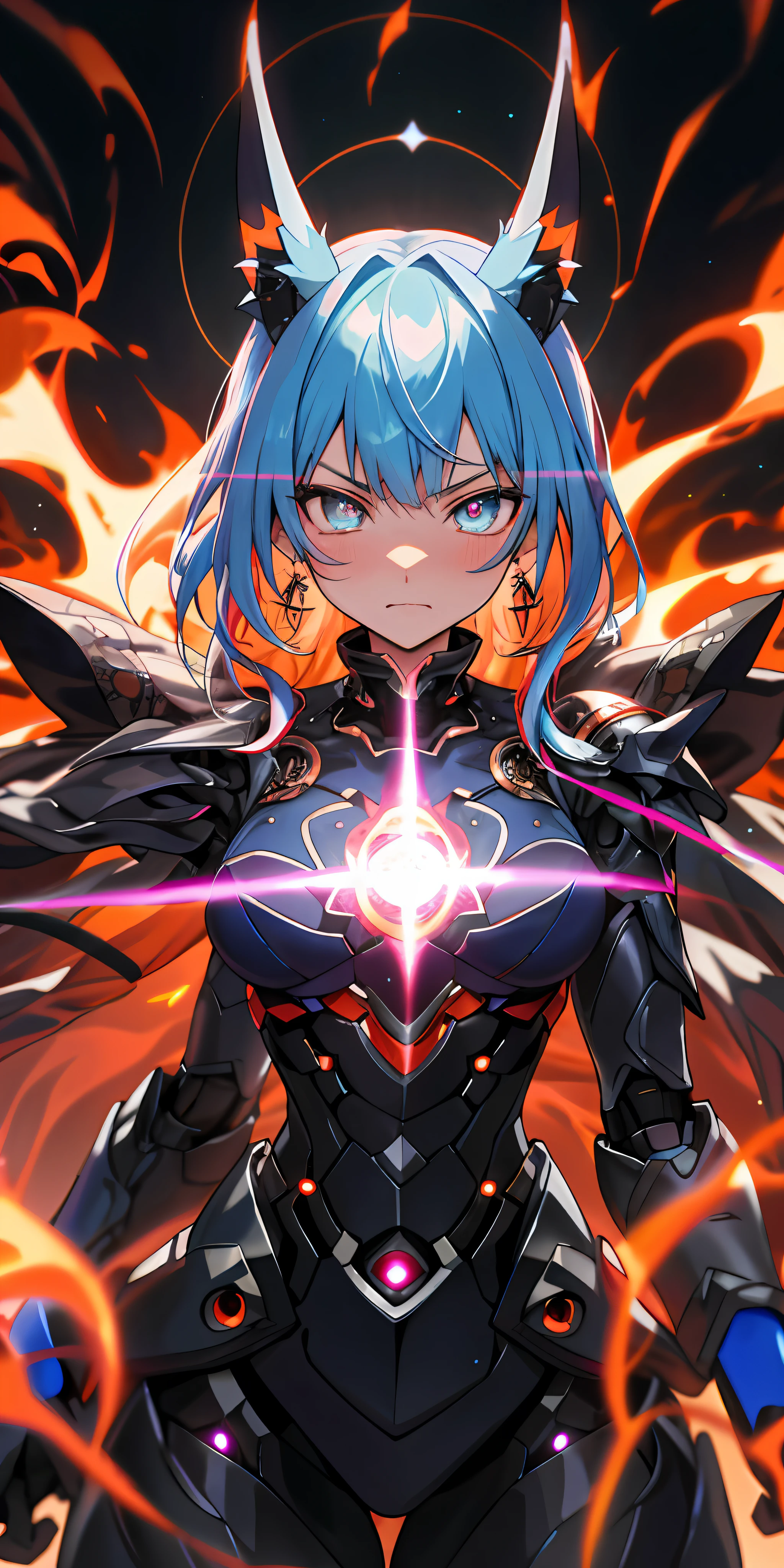 Anime Robot beutiful blue magma skin golem cat girl magic, aesthetic_eyes, detailed eyes, demon horn, mask, wings, glowing, random fantasy hair, multicolored hair, body detailed, random very angry face, detailed face, Saenyo Ancalagon Anthropomorphic majestic Guardian | Portrait | finely detailed Obsidian and Lava armor | cinematic lighting | intricate filigree metal design | 8k | unreal engine | octane render | aesthetic_eyes, detailed eyes, body detailed, ahegao, detailed face, highly detailed, fantasy background, blush, cat_ears_earrings hair_ornament highres jewelry triple_earring, detailed all, solo, fightning stance, magic circle, electrification, lightning effect, ray tracing, detailed all, show your ability A.I, 4K Ultra HD.