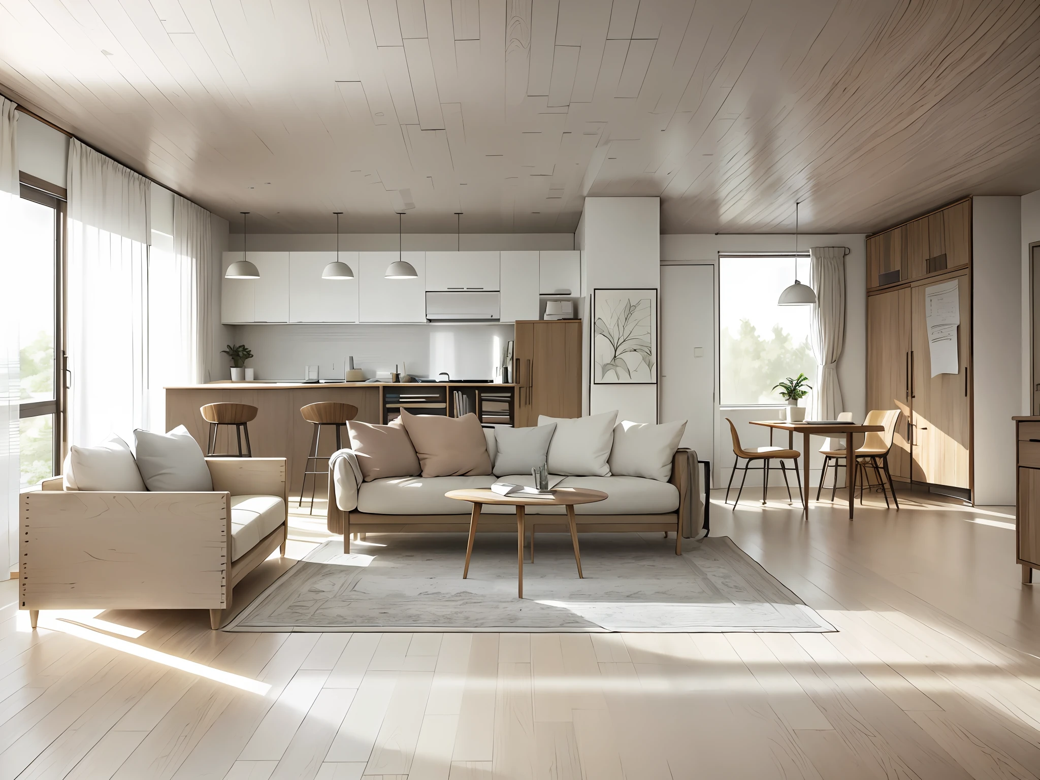 a sketch of a beautiful modern living room, (((foster and partners, artists impression, artistic impression, by Hamish MacDonald, by Carey Morris, by David Brewster, higher detailed illustration, by Helen Berman, an illustration, detailed illustration, by Nick Fudge, by Warren Mahy, artist's impression))), a red kitchen cabinet behind the white sofa, with minimal pictures on the wall, linen curtain next to the classroom window, coffee table, modern wood, ceiling with magnetic emissive lighting, white fabric PRB textures, wooden floor PRB texture,