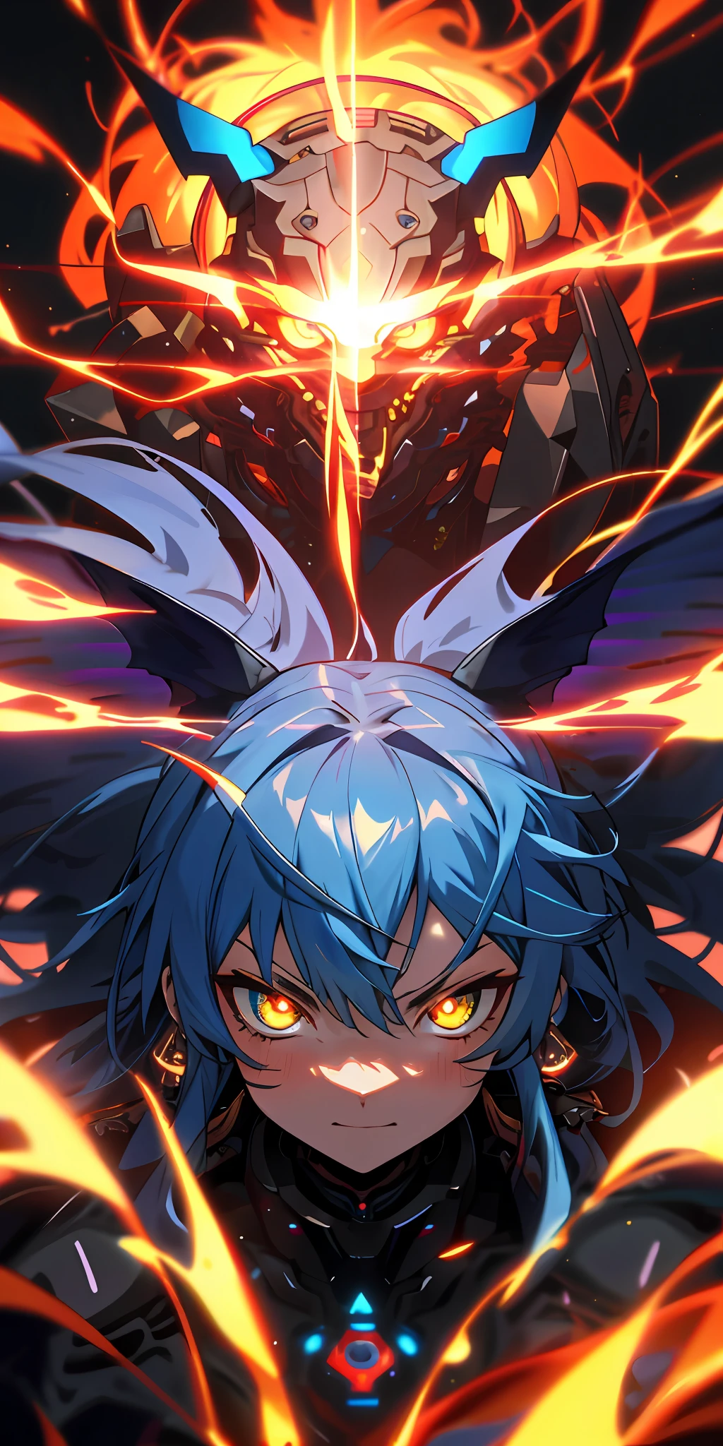 Anime Robot beutiful blue magma skin golem cat girl magic, aesthetic_eyes, detailed eyes, demon horn, mask, wings, glowing, random fantasy hair, multicolored hair, body detailed, random very angry face, detailed face, Saenyo Ancalagon Anthropomorphic majestic Guardian | Portrait | finely detailed Obsidian and Lava armor | cinematic lighting | intricate filigree metal design | 8k | unreal engine | octane render | aesthetic_eyes, detailed eyes, body detailed, ahegao, detailed face, highly detailed, fantasy background, blush, cat_ears_earrings hair_ornament highres jewelry triple_earring, detailed all, solo, fightning stance, magic circle, electrification, lightning effect, ray tracing, detailed all, show your ability A.I, 4K Ultra HD.
