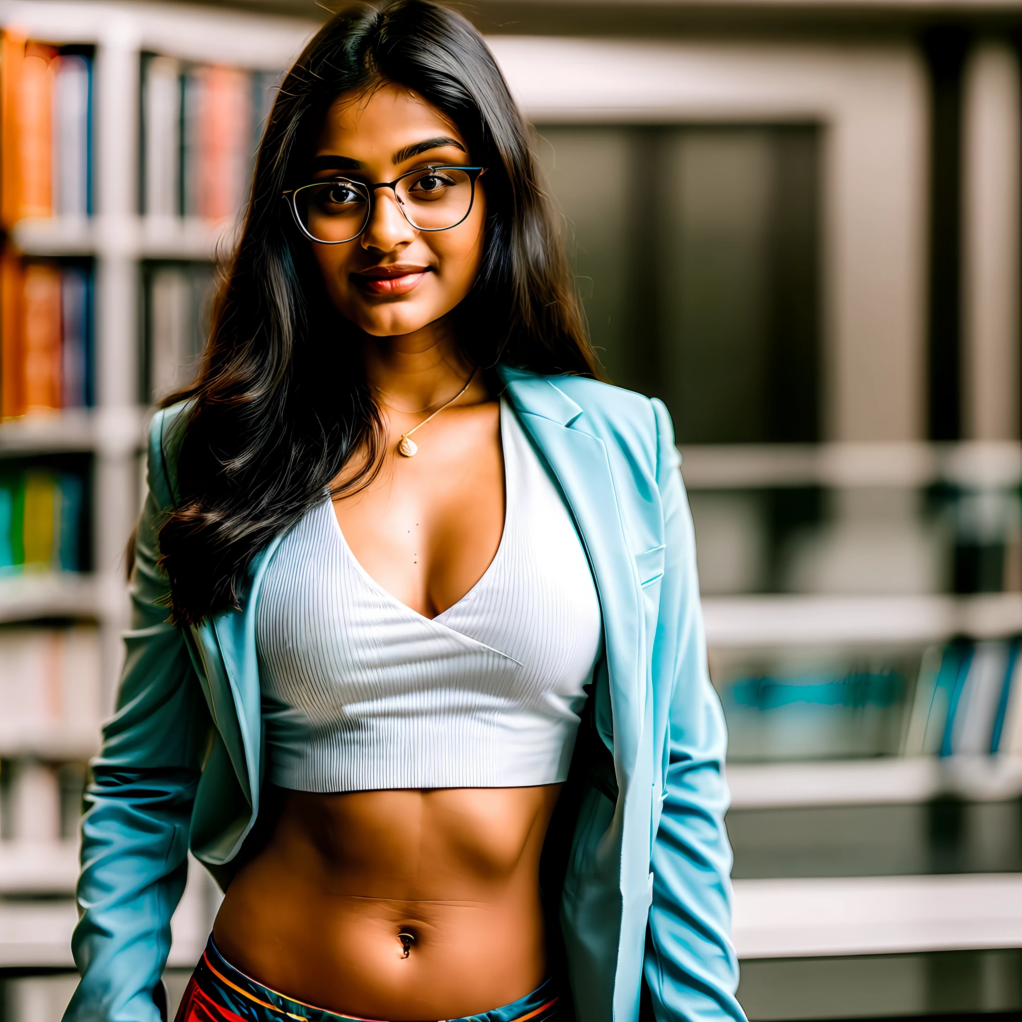 ((1girl:1.5)), Indian Tamil plumpy girl in a library wearing formal blazer and skirt and reading glasses, ((no nudity)), deep cleavage, ((full body shot)), thighs visible,looking at the camera, soft light rays, realistic skin texture, extreme skin details, insane details, intricate details, amazing fine detail, photorealistic, photograph, realistic, realism, photorealism, film grains, lifelike texture, dynamic composition, contrast lighting, sharp focus, raw photo, photon metering, analog photo style, photography with Hasselblad camera, f5.6 lens 500mm, Kodak Portra 400 4x 5, anatomically correct, visible navel, tight abs