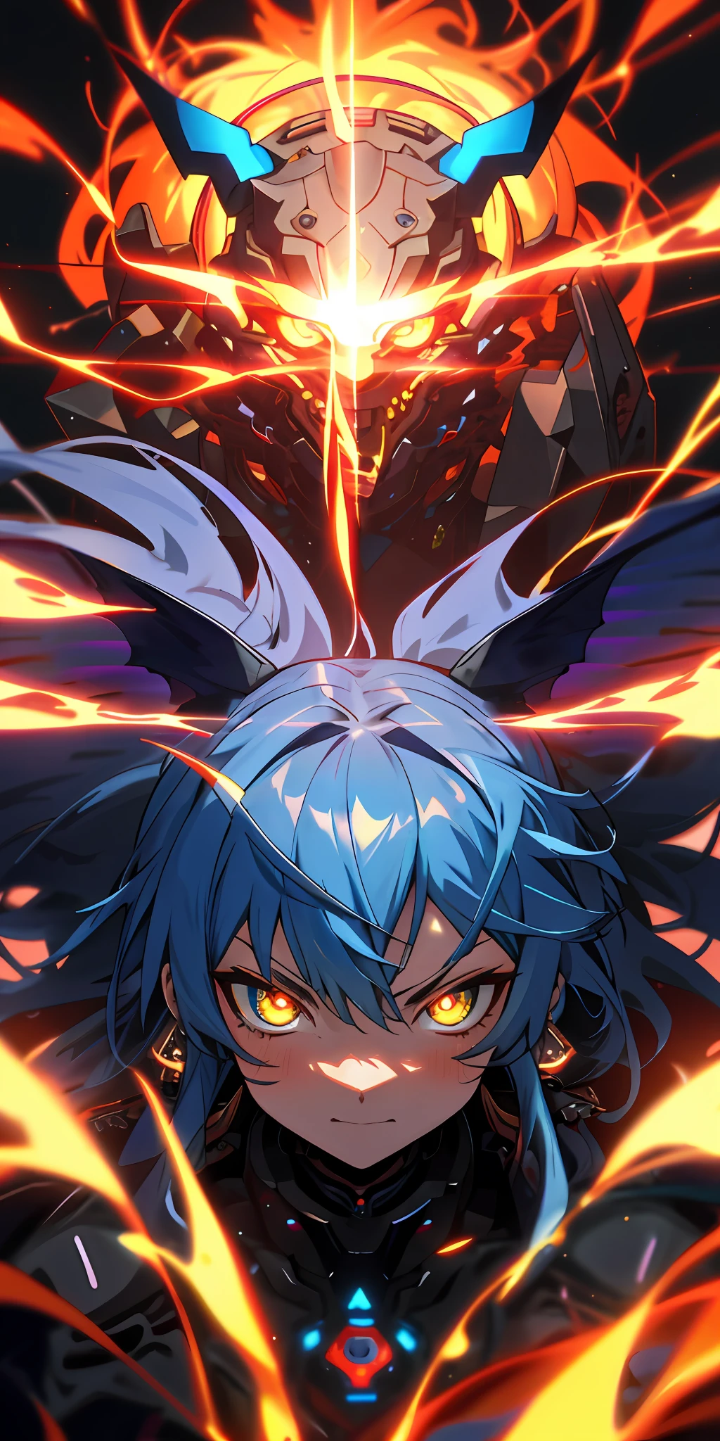 Anime Robot beutiful blue magma skin golem cat girl magic, aesthetic_eyes, detailed eyes, demon horn, mask, wings, glowing, random fantasy hair, multicolored hair, body detailed, random very angry face, detailed face, Saenyo Ancalagon Anthropomorphic majestic Guardian | Portrait | finely detailed Obsidian and Lava armor | cinematic lighting | intricate filigree metal design | 8k | unreal engine | octane render | aesthetic_eyes, detailed eyes, body detailed, ahegao, detailed face, highly detailed, fantasy background, blush, cat_ears_earrings hair_ornament highres jewelry triple_earring, detailed all, solo, fightning stance, magic circle, electrification, lightning effect, ray tracing, detailed all, show your ability A.I, 4K Ultra HD.