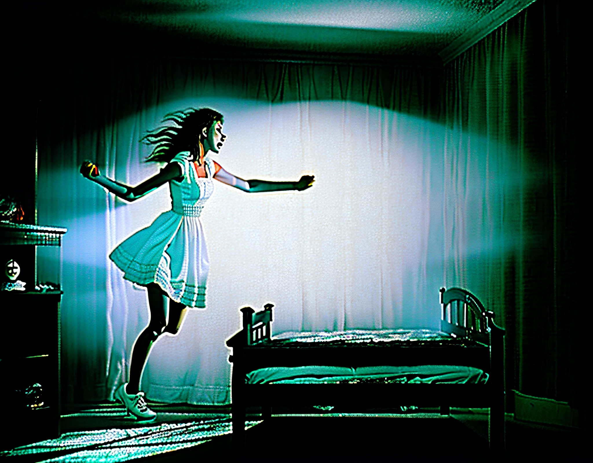 Young woman, realistic, horror art, being possessed, dread, best quality, masterpiece, ultra high resolution, (photorealistic: 1.4), being possessed, terrifying chasing the viewer, dynamic running, in a double bed, dark room, scary, white dress stained, disturbing, 80mm, horror lighting, dynamic action, --air 16:9