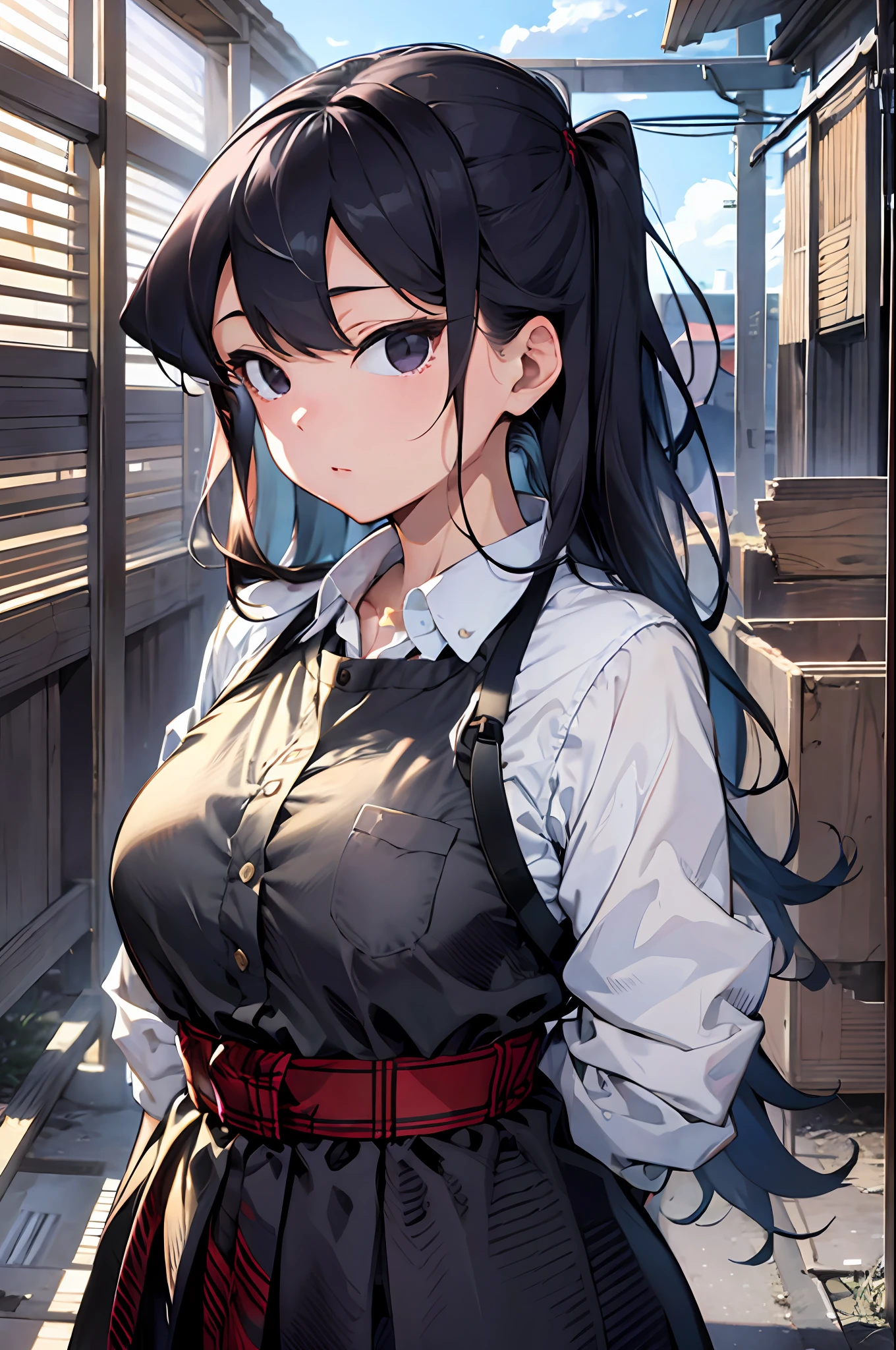 komiShouko, looking at viewer, standing, 1girl, solo, bright pupils, hair over one eye, black eyes, japanese style, noon, Sunlight, Tyndall Light, Wide-Angle, atmospheric perspective, perspective, best quality, 4K, anatomically correct, masterpiece