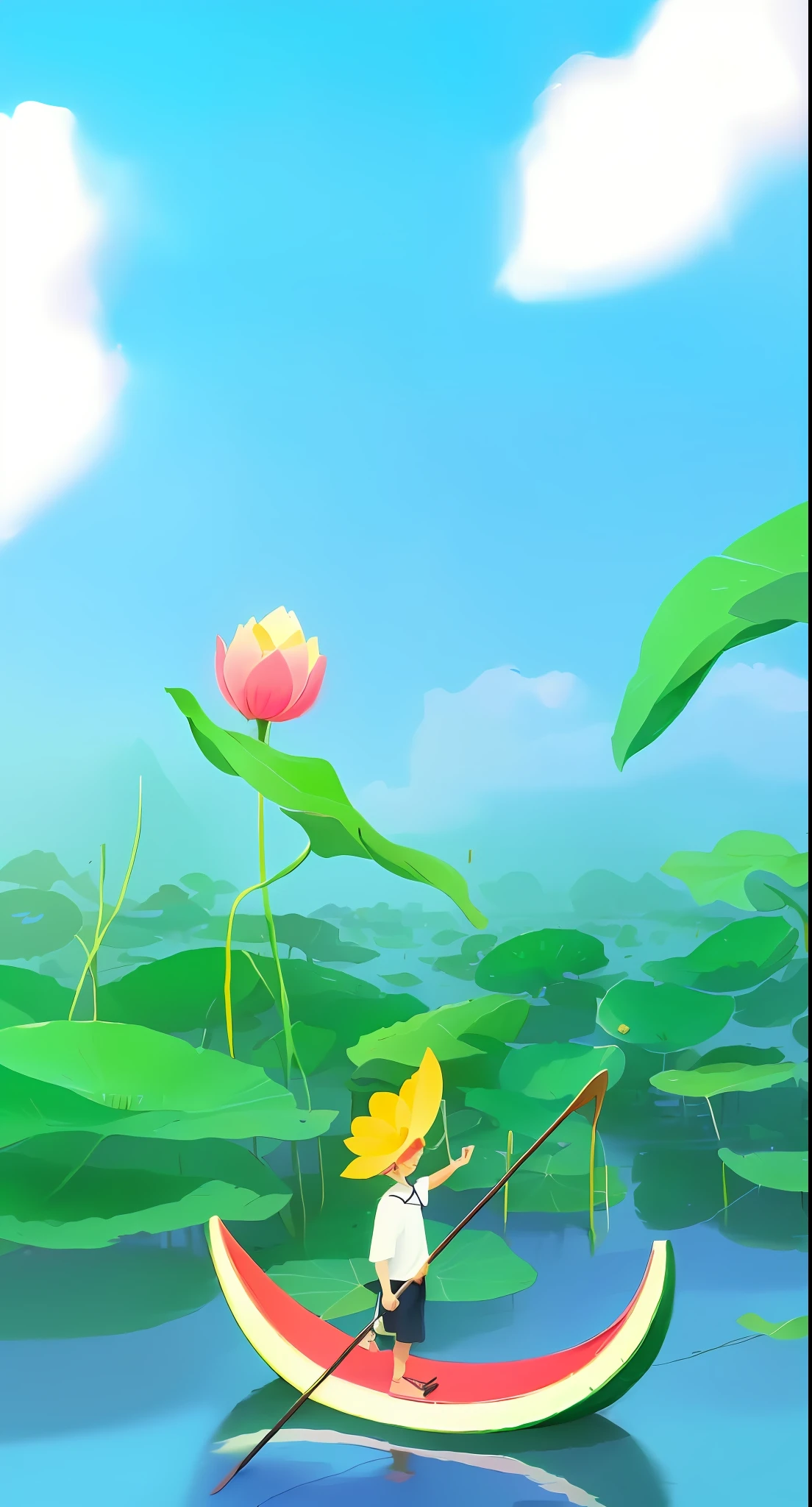 Cartoon illustration ??? paddling on lake on watermelon boat, background artwork, animation style rendering, lotus pond, background art, animated stills, animated movie stills, lotus leaf environment, colorful anime movie background, pastel digital painting, animated illustration style, stylized to 3d rendering, 2D game art background, flower background, stylized background