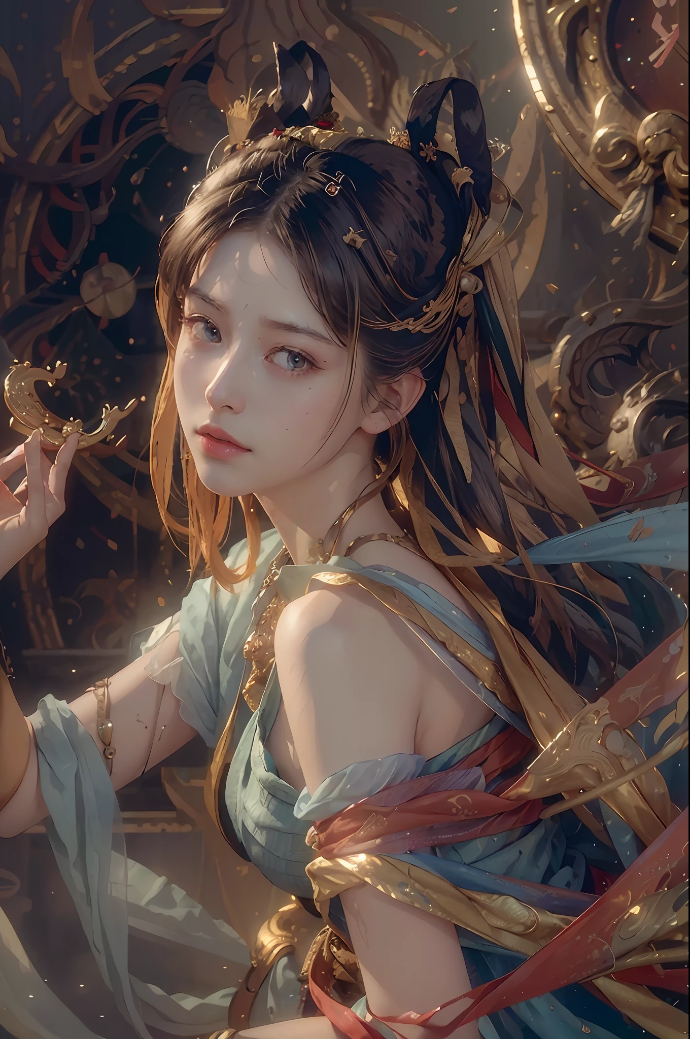(RAW photo, best quality), (realistic, photo-realistic:1.3),best quality,highly detailed,masterpiece,ultra-detailed,illustration,1girl,upper_body,dynamic angle,world masterpiece theater,messy_long_hair,best quality,extremely detailed CG unity 8k wallpaper,ink,Amazing,cinematic lighting,lens_flare,,dunhuang_style