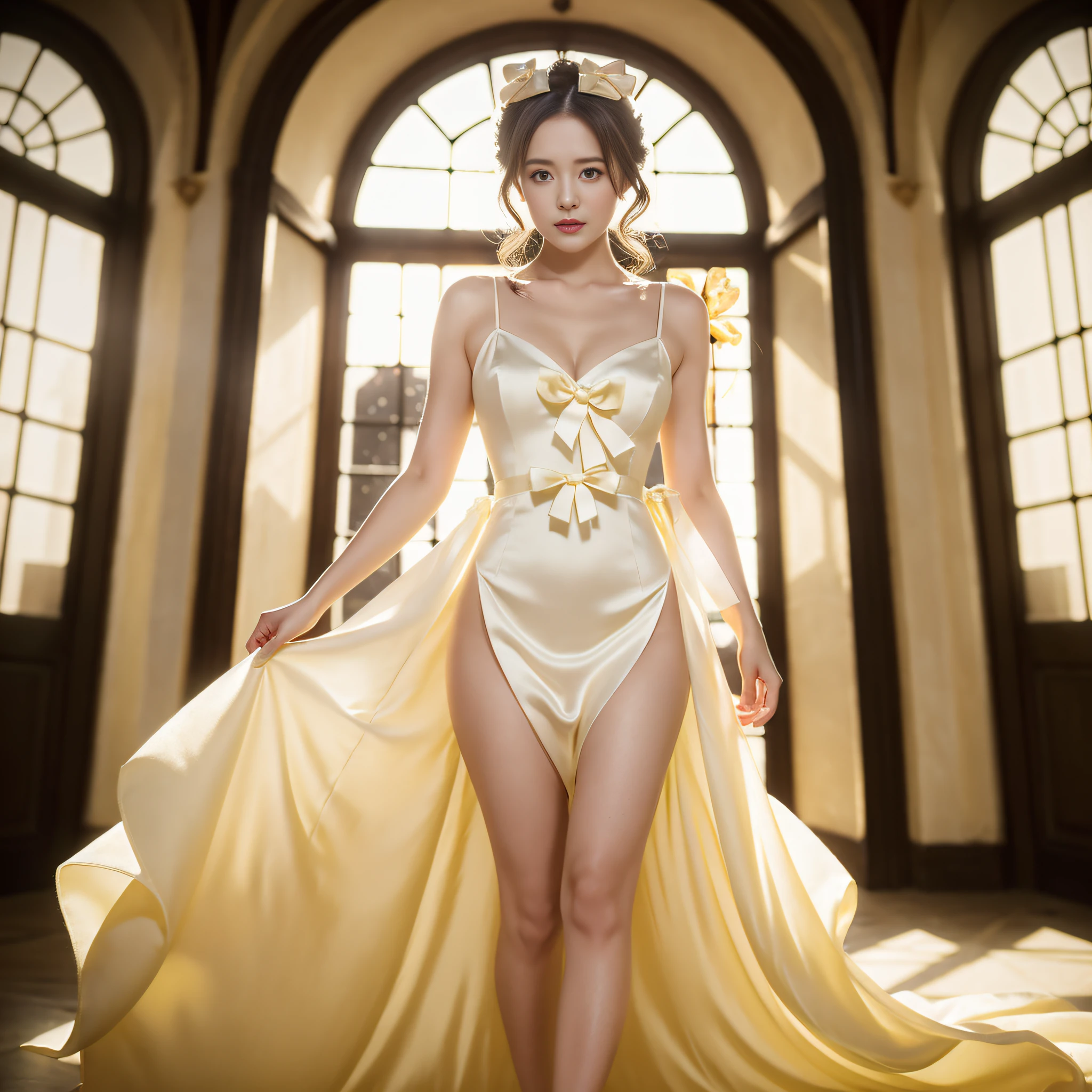 Portrait of a woman in a pale yellow dress with a white bow, sweet and fresh style, cinematic light, highest quality, masterpiece, full body, hair with fine details, front view, hips, perfect proportions of the figure