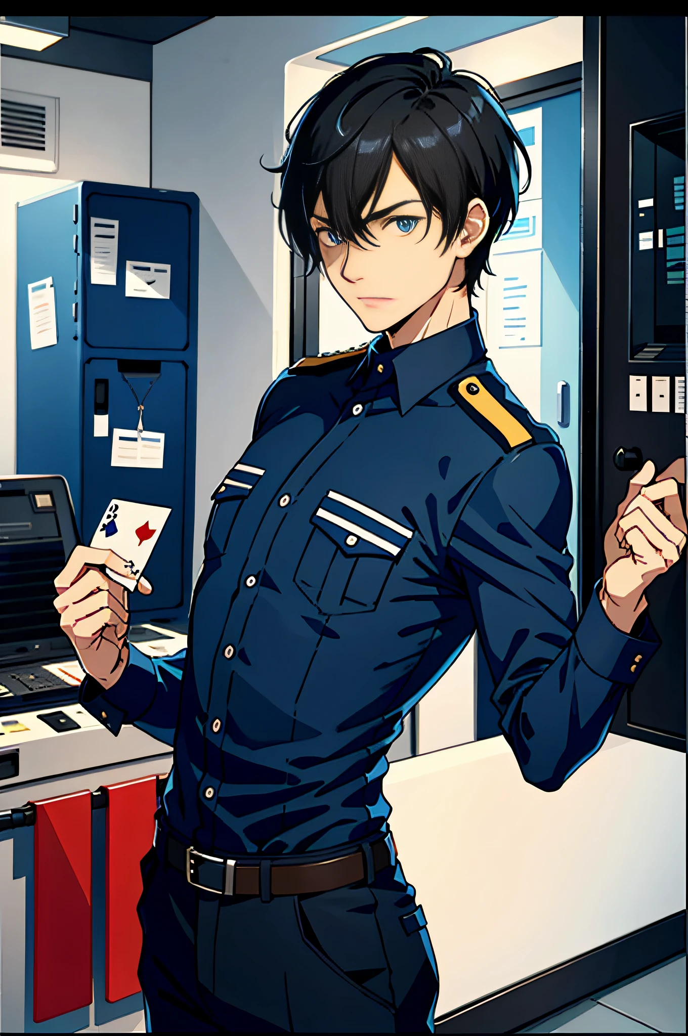 1 man, short black hair, blue eyes, police uniform, standing in the room with cards in his hand