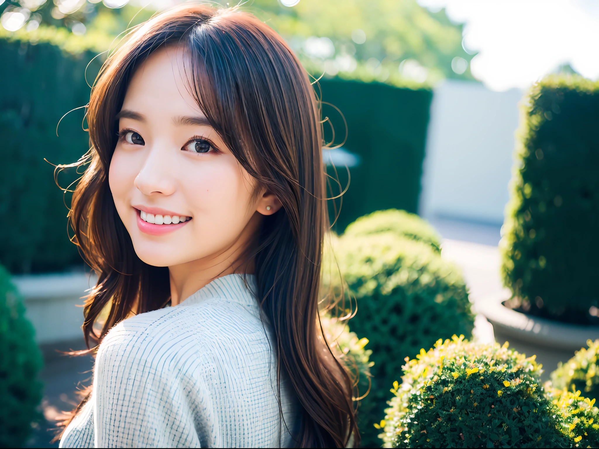 ((Realistic lighting, Best quality, 8K, Masterpiece: 1.3)), Clear focus: 1.2, 1 girl, smiling, looking at viewer, from side, very beautiful, kawaii, Cinematic, 35mm lens, f/ 1. 8, accent lighting,