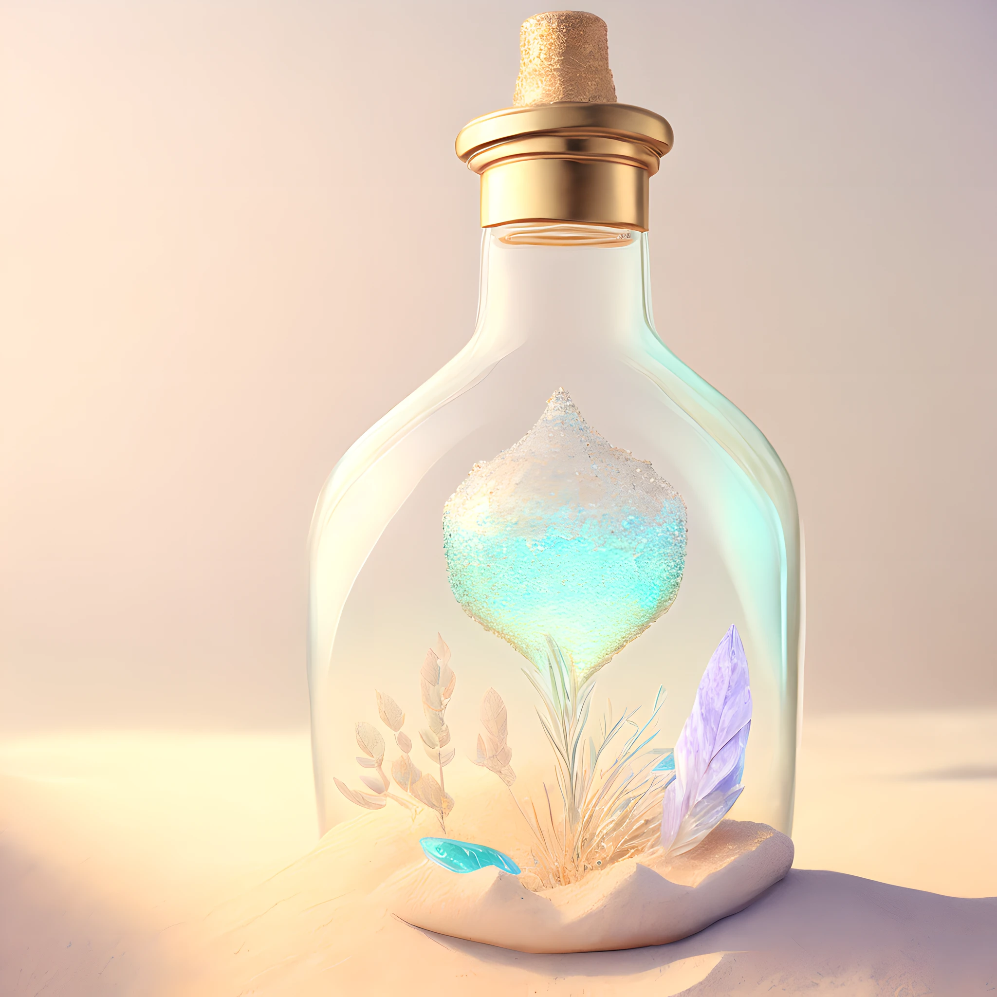 glass bottle sitting on top of a table| a photorealistic painting| pixels| pastels| conceptual art| Konpeito and glimmer| highly detailed perfect render| light effect| modern fantasy| glittering ornaments| fantasy in a grain of sand| photo manipulation| beautiful composition