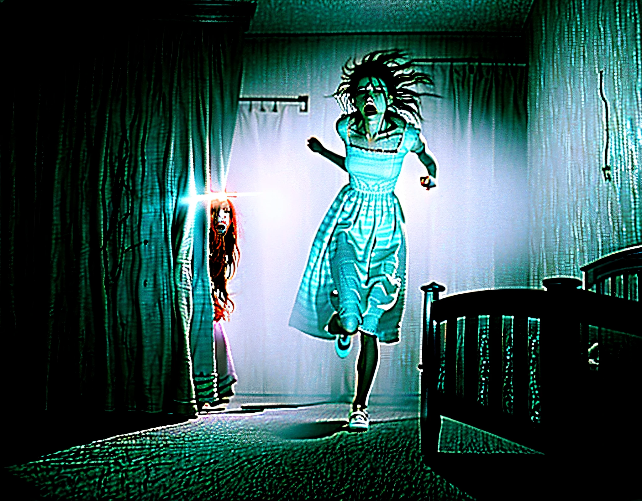 Young woman, realistic, horror art, being possessed, dread, best quality, masterpiece, ultra high resolution, (photorealistic: 1.4), being possessed, terrifying chasing the viewer, dynamic running, in a double bed, dark room, scary, white dress stained, disturbing, 80mm, horror lighting, dynamic action, --air 16:9
