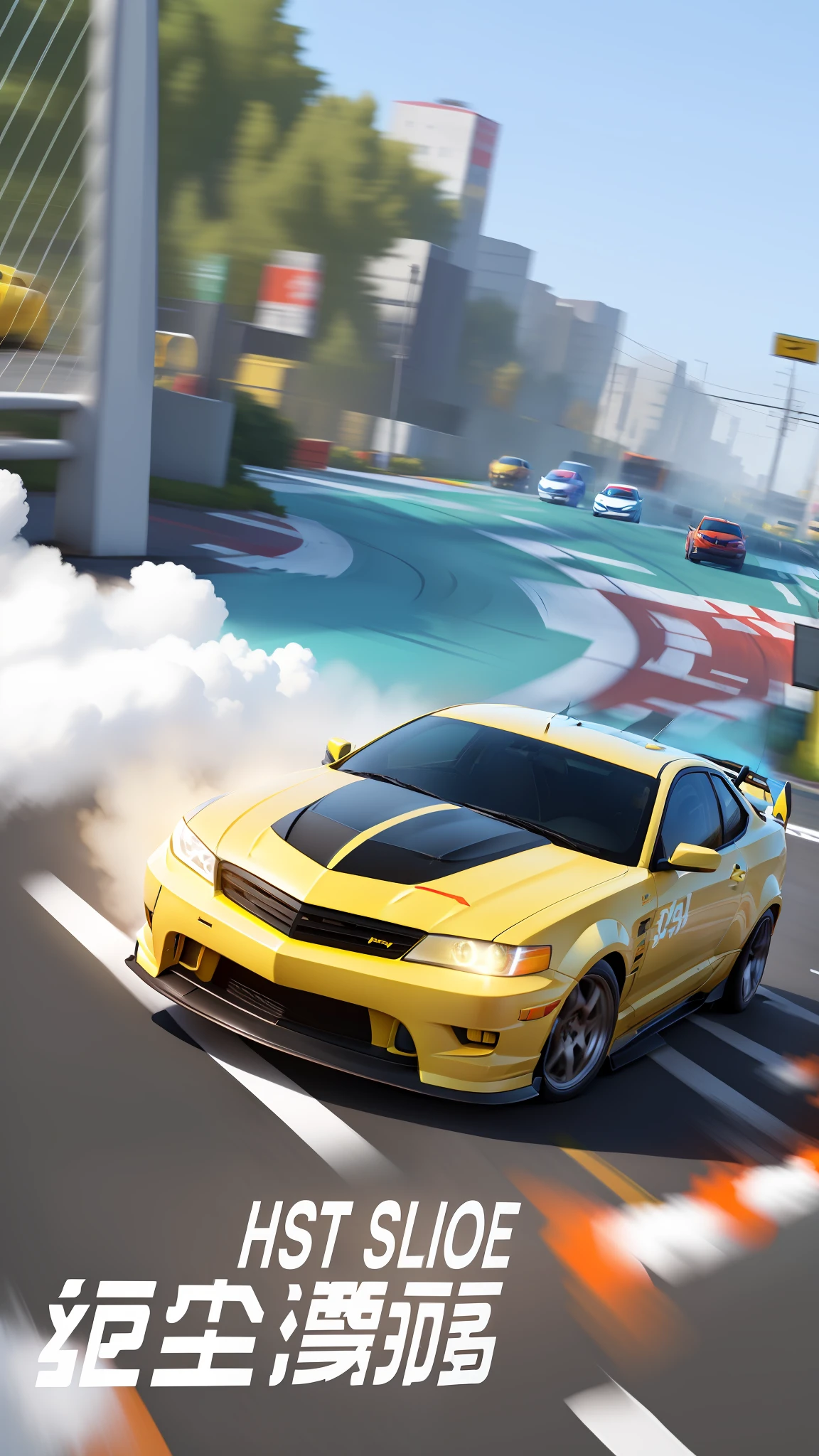 A yellow car driving at high speed, stylized 3D graphics, animated drift, cartoon coloring, 8K picture quality, car chase, drift, compact shooting, large angle dynamic shot.