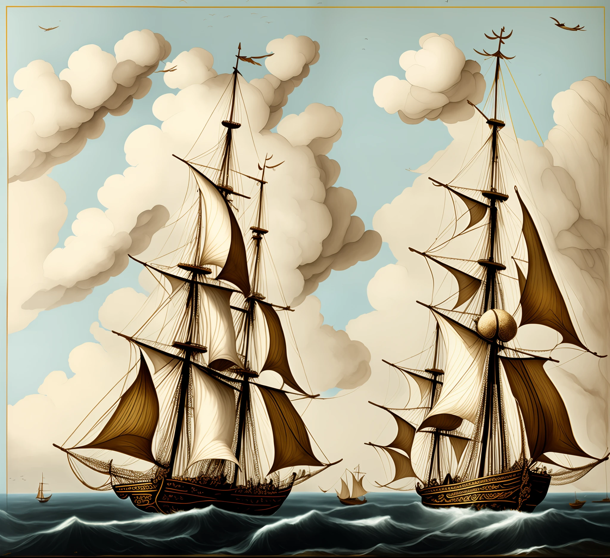 a brown and white drawing of a boat with sails, ships with sails underneath, trireme, side-view, side - view, ships with sails, side view, side perspective, an ancient greek trireme, 3/4 side view, 2d side view, ships, sails, front side view, galleon, above side view, owlship, 1680 vibes, 1 6 8 0