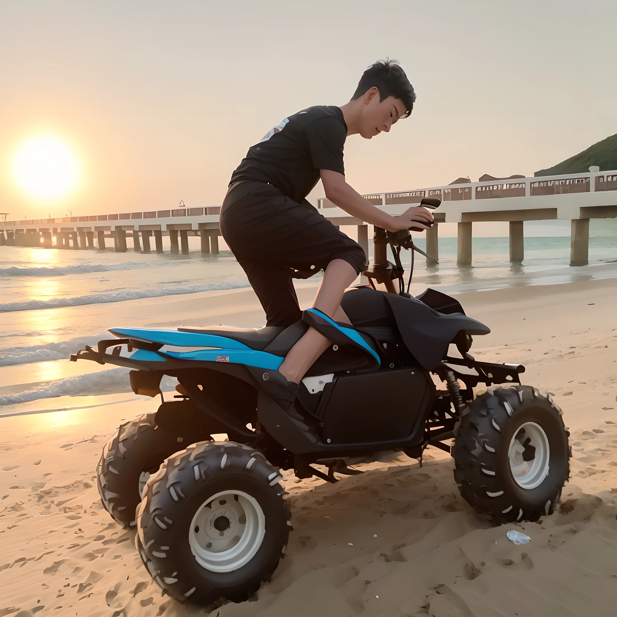 Arafeid people riding quad vehicle ATV on beach, wheels, off-road, profile picture, pig rider, photo shooting, on the beach, ros tan, off-road, profile picture 1024px, action shot, play on the beach, go professional, high quality upload, funny pose, , wang wei, 👰 🏇 ❌ 🍃 japanese manga style