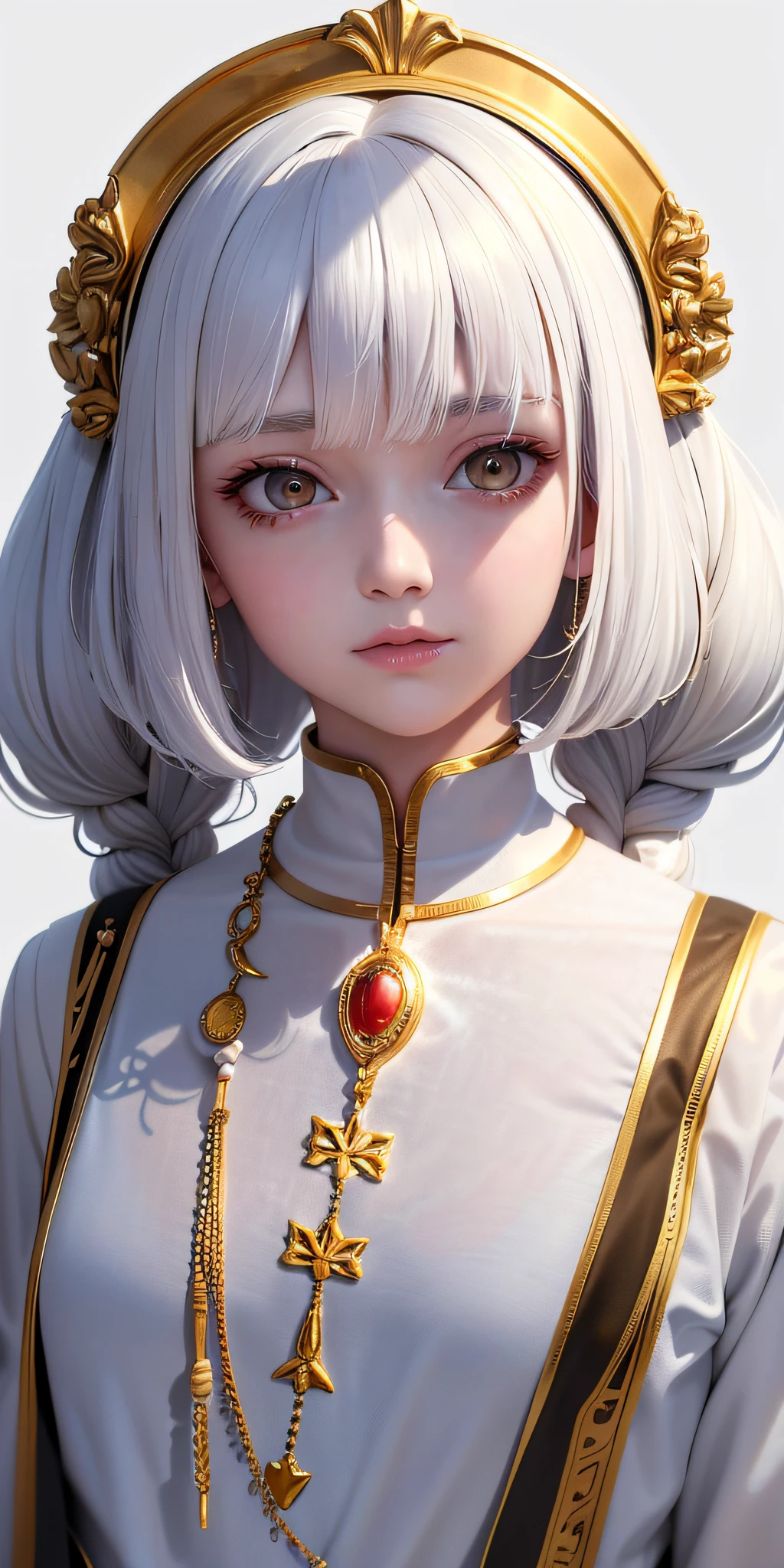 best quality, masterpiece,white hair, gold eyes,white clothes, looking up, upper body,hair strand,Fair skin,side braids