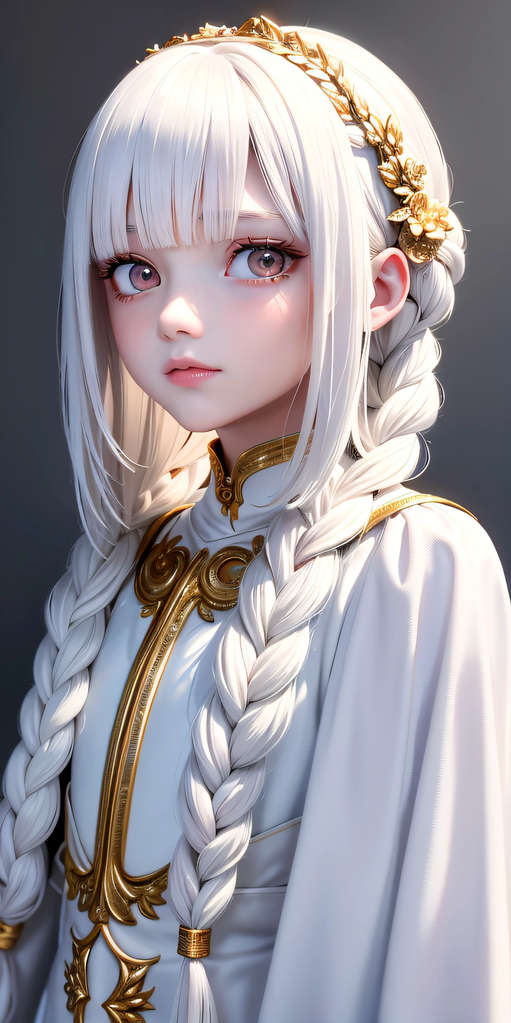 best quality, masterpiece,white hair, gold eyes,white clothes, looking up, upper body,hair strand,Fair skin,side braids