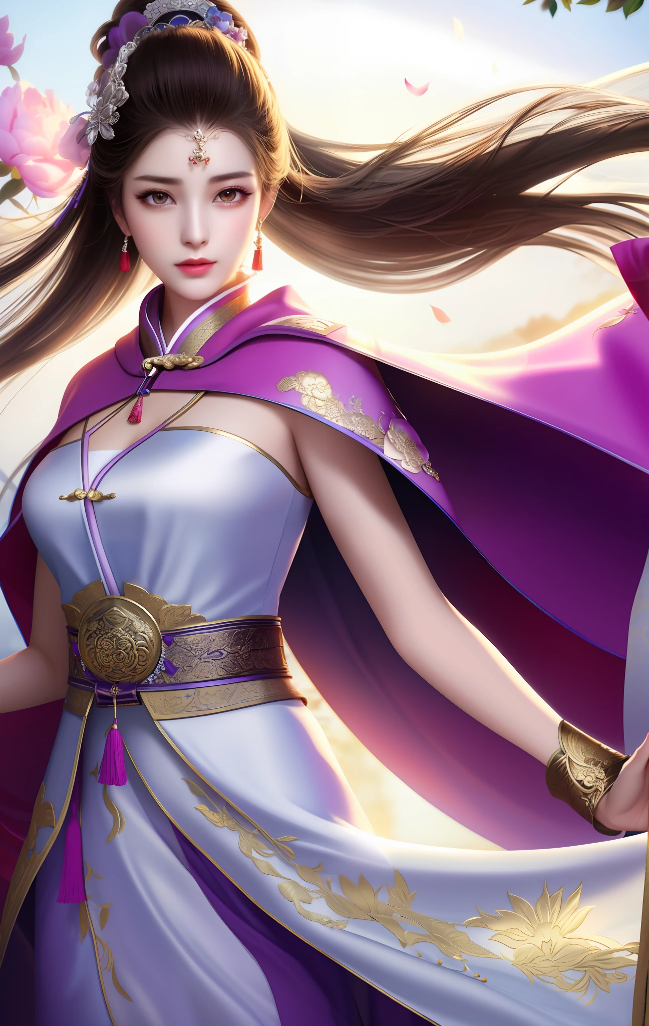 The best quality, masterpiece, large part of the body, (background: garden), 1 girl, mature woman, Chinese style, ancient China, sister, dancer, dark brown hair, dark hair, princess cut, twisted hair, ribbon, light pink lips, calm, intellect, purple eyes, tassel, silver thread, beads, peony, robe, cape, silk skirt, embroidery, delicate face, close-up, hand-cuffed, light clothing, beauty, realism, edgy, double color light Dimming, (high detail skin: 1.2), 8k UHD, SLR, soft light, high quality, volumetric light, photo , high resolution, 4k, 8k, background blurred