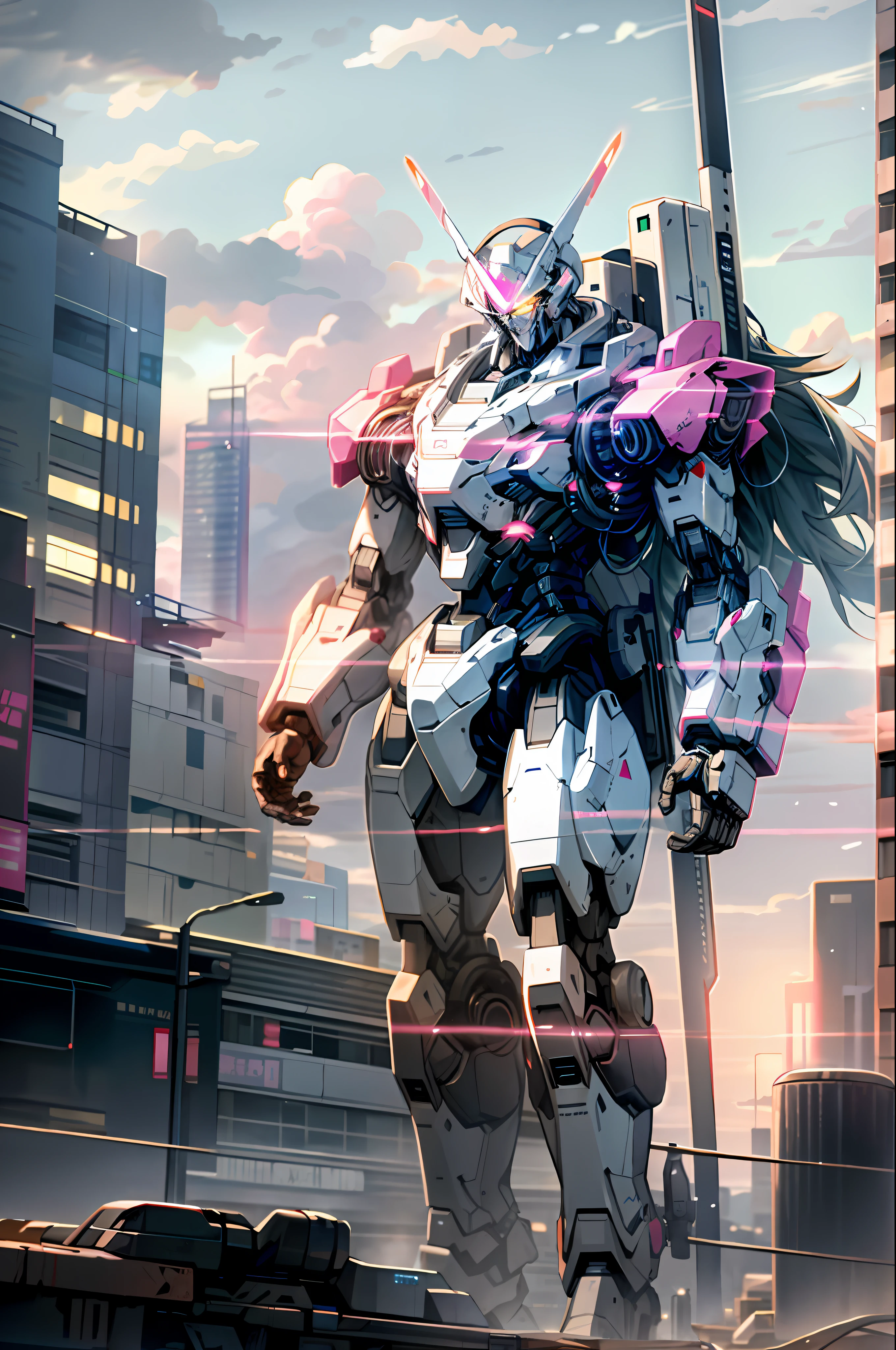 sky, cloud, holding_weapon, no_humans, glowing, , robot, building, glowing_eyes, mecha, science_fiction, city, realistic,light pink mecha
