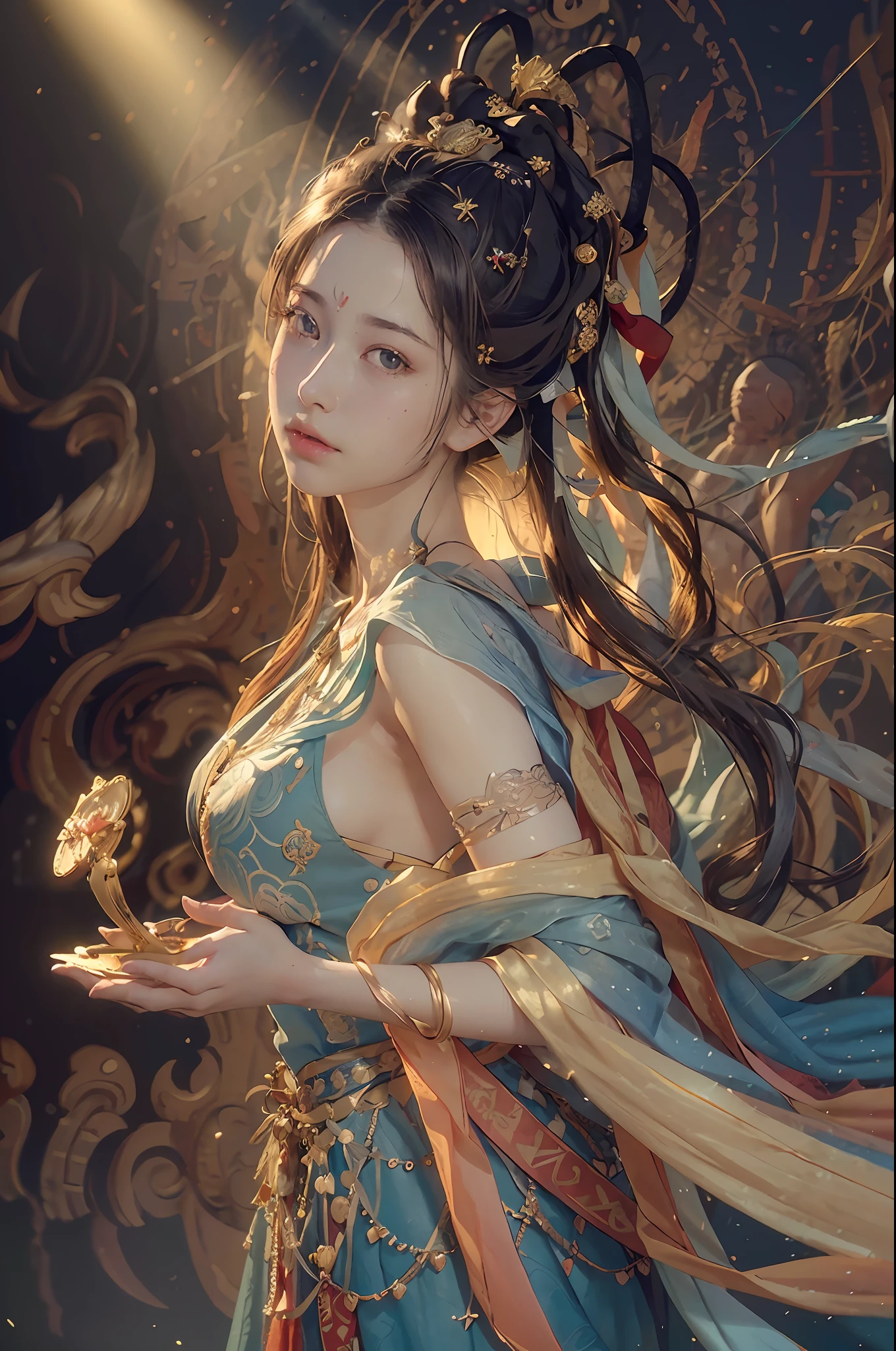 (RAW photo, best quality), (realistic, photo-realistic:1.3),best quality,highly detailed,masterpiece,ultra-detailed,illustration,1girl,upper_body,dynamic angle,world masterpiece theater,messy_long_hair,best quality,extremely detailed CG unity 8k wallpaper,ink,Amazing,cinematic lighting,lens_flare,,dunhuang_style
