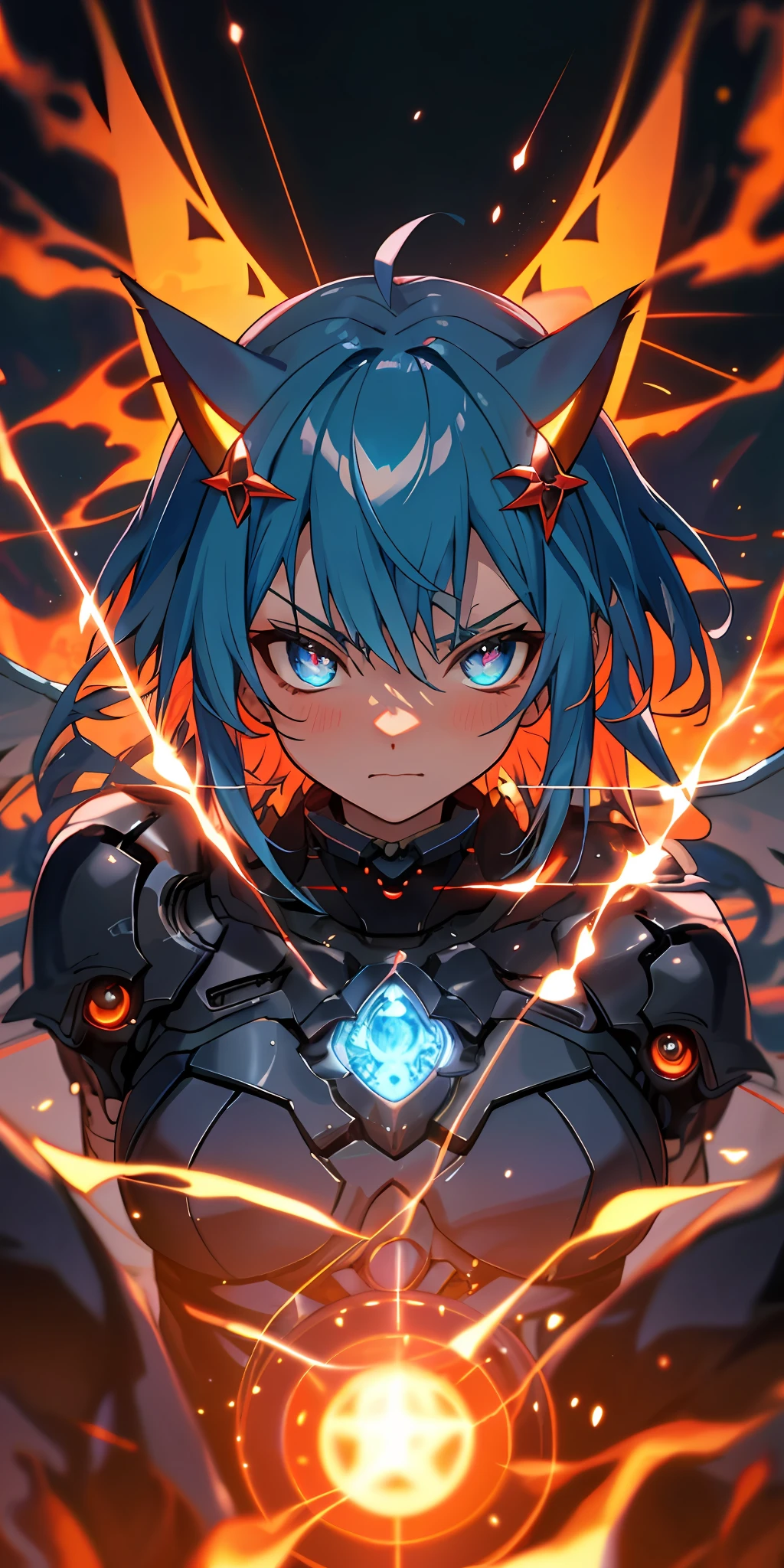Anime Robot beutiful blue magma skin golem cat girl magic, aesthetic_eyes, detailed eyes, demon horn, mask, wings, glowing, random fantasy hair, multicolored hair, body detailed, random very angry face, detailed face, Saenyo Ancalagon Anthropomorphic majestic Guardian | Portrait | finely detailed Obsidian and Lava armor | cinematic lighting | intricate filigree metal design | 8k | unreal engine | octane render | aesthetic_eyes, detailed eyes, body detailed, ahegao, detailed face, highly detailed, fantasy background, blush, cat_ears_earrings hair_ornament highres jewelry triple_earring, detailed all, solo, fightning stance, magic circle, electrification, lightning effect, ray tracing, detailed all, show your ability A.I, 4K Ultra HD.