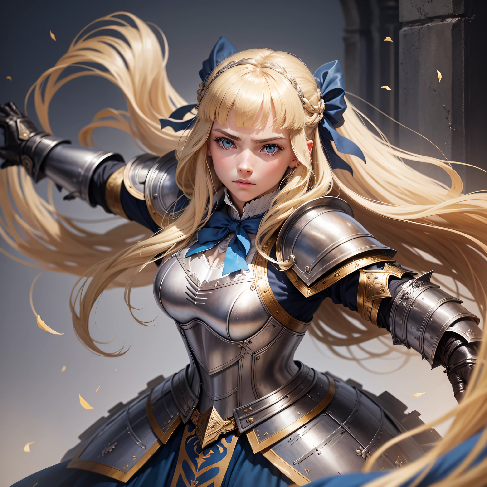 An ambitious female knight with long blonde hair and blue eyes, dressed in Victorian-era armor, determined and determined to fight to be the strongest, 17 years old, with bangs, --auto --s2