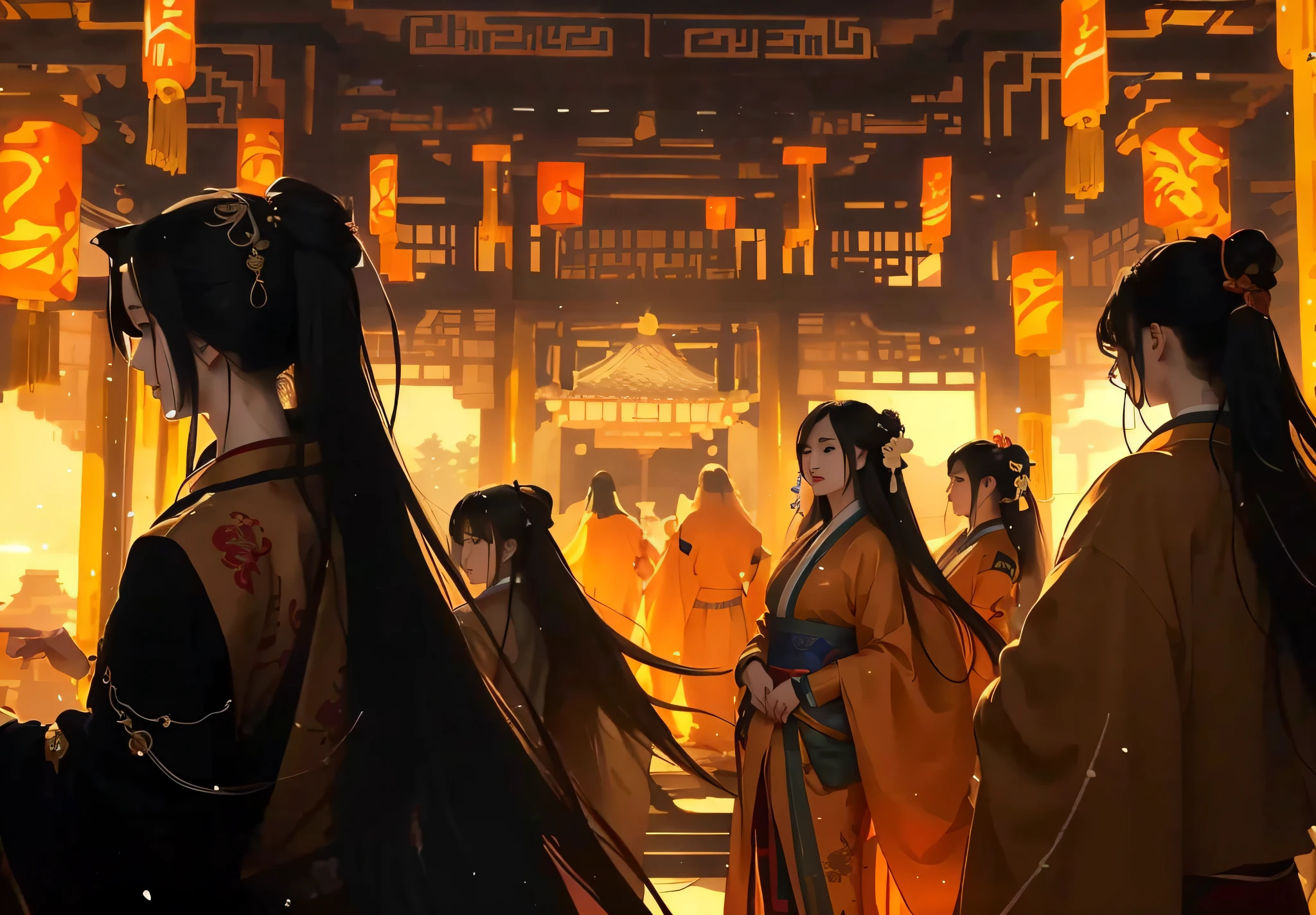 anime scene of a group of women in traditional chinese dress, flowing hair and long robes, by Yang J, trending on cgstation, artgerm and atey ghailan, artwork in the style of guweiz, cyberpunk chinese ancient castle, guweiz, by Qu Leilei, ancient china art style, atey ghailan 8 k, wearing flowing robes