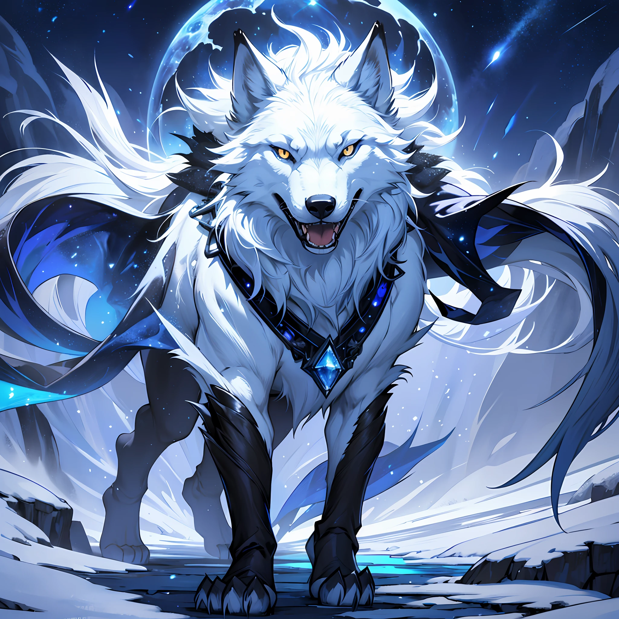 A strong arctic wolf, a sapphire on his head, a hideous face, open his mouth, show his teeth, exude murderous aura, black magic, (mysterious atmosphere), (complex details), snow, night, starry sky, full body photo,