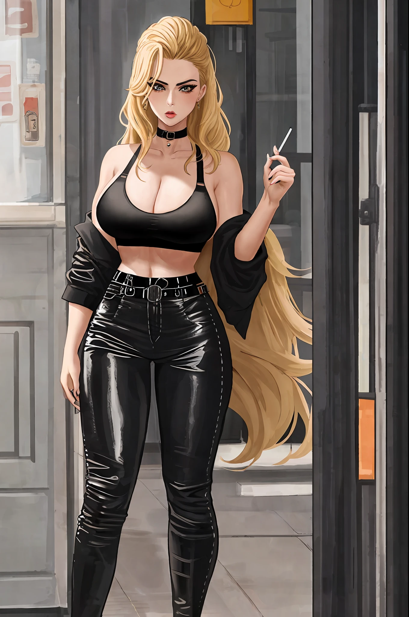 woman in a black bra top holding a cigarette, inspired by Eve Ryder, by Eve Ryder, carmen electra, busty, angelawhite, blonde goddess, skulls at her hips, tiny black bra, in a black betch bra, jaw dropping beauty, cleavage, blonde hair and large eyes, black bra, sexy body and face, tight outfit, 1 girl