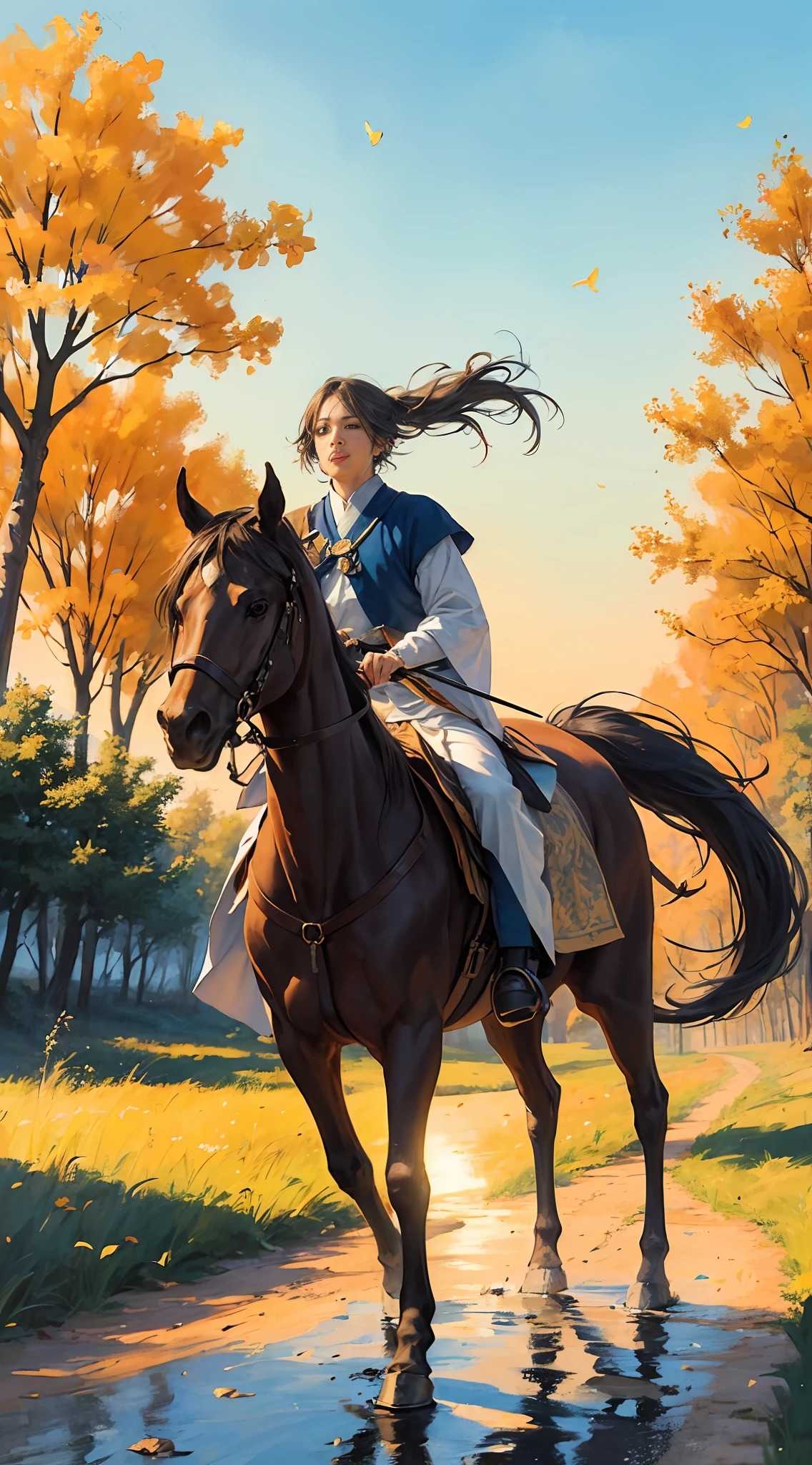 (Watercolor style, spectral art) + (Man in Song Dynasty costume riding a horse: 0.2) - Correct shape and proportions conform to anatomy, (Flying abruptly. Sunset), (the willow trees next to the road are mottled with light and shadow, and the ancient road extends.) Autumn cicadas neigh, breeze blowing, disturbing pedestrians). (Rich and gorgeous colors in the distance) + (Subtle reflection of flow, pulsation smudge splash) + (clear light and shadow, swaying dynamics)